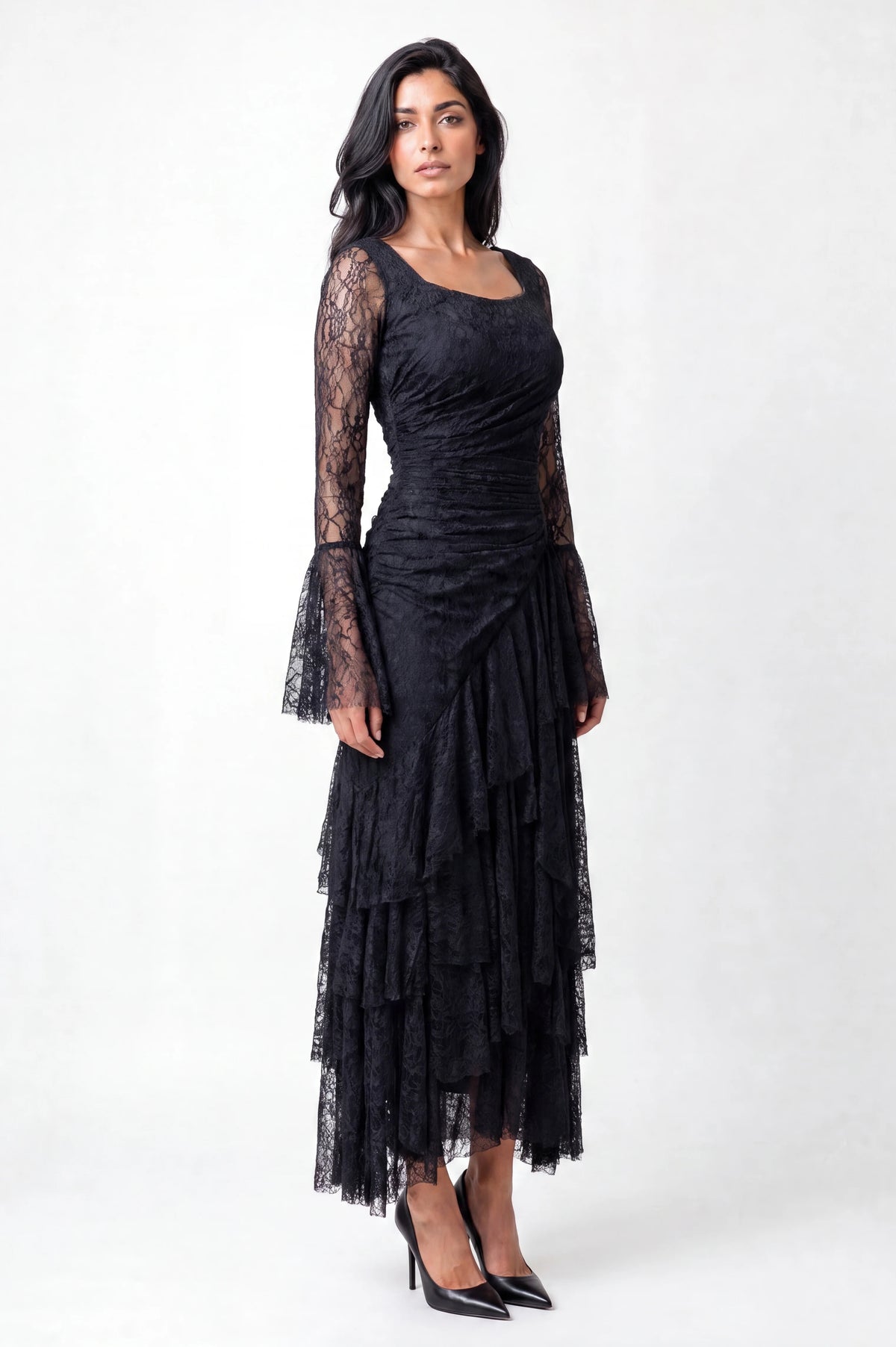Square Neck Ruffle Detail Dantel Dress