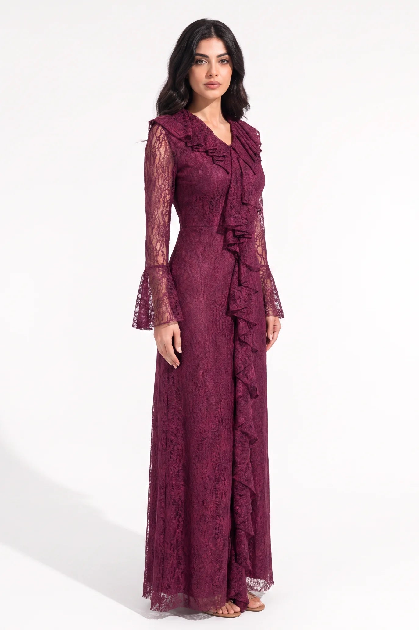 Neck Ruffle Along Dantel Dress