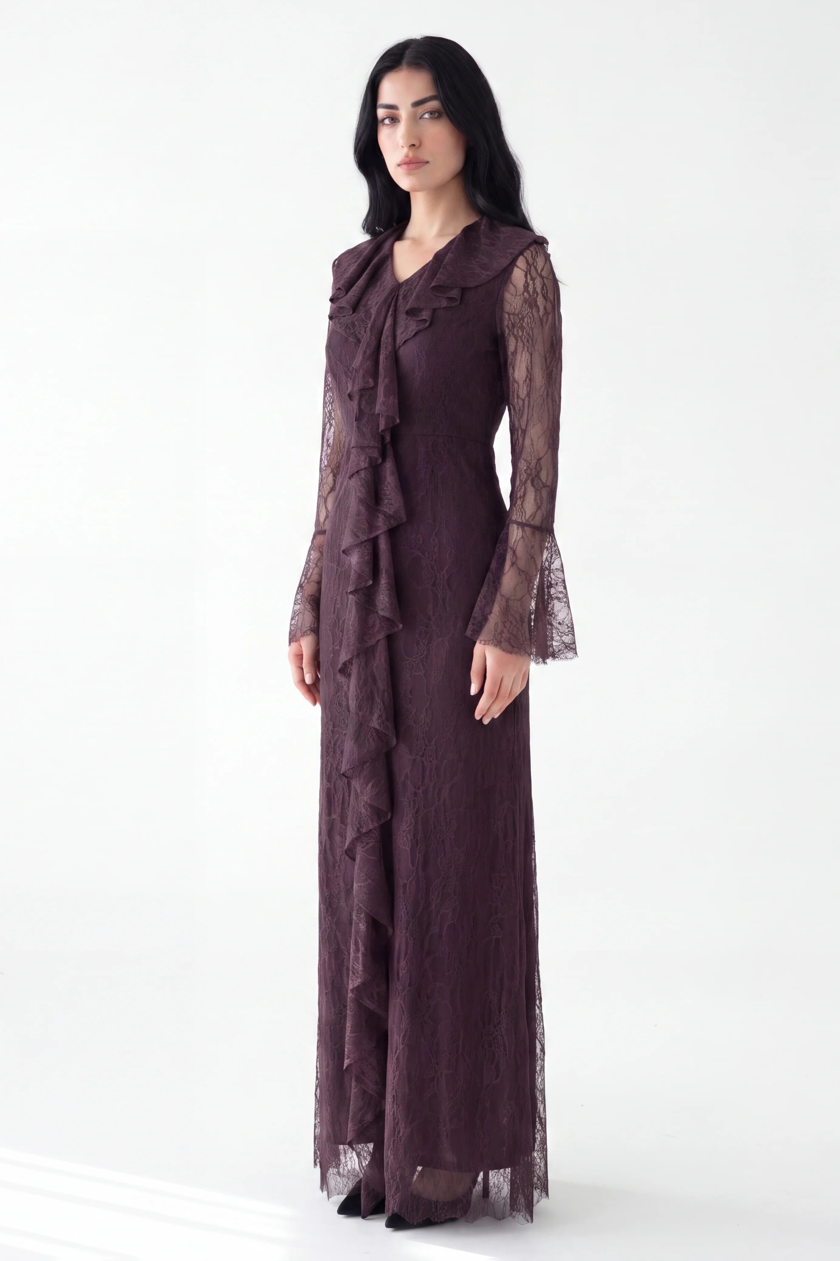 Neck Ruffle Along Dantel Dress