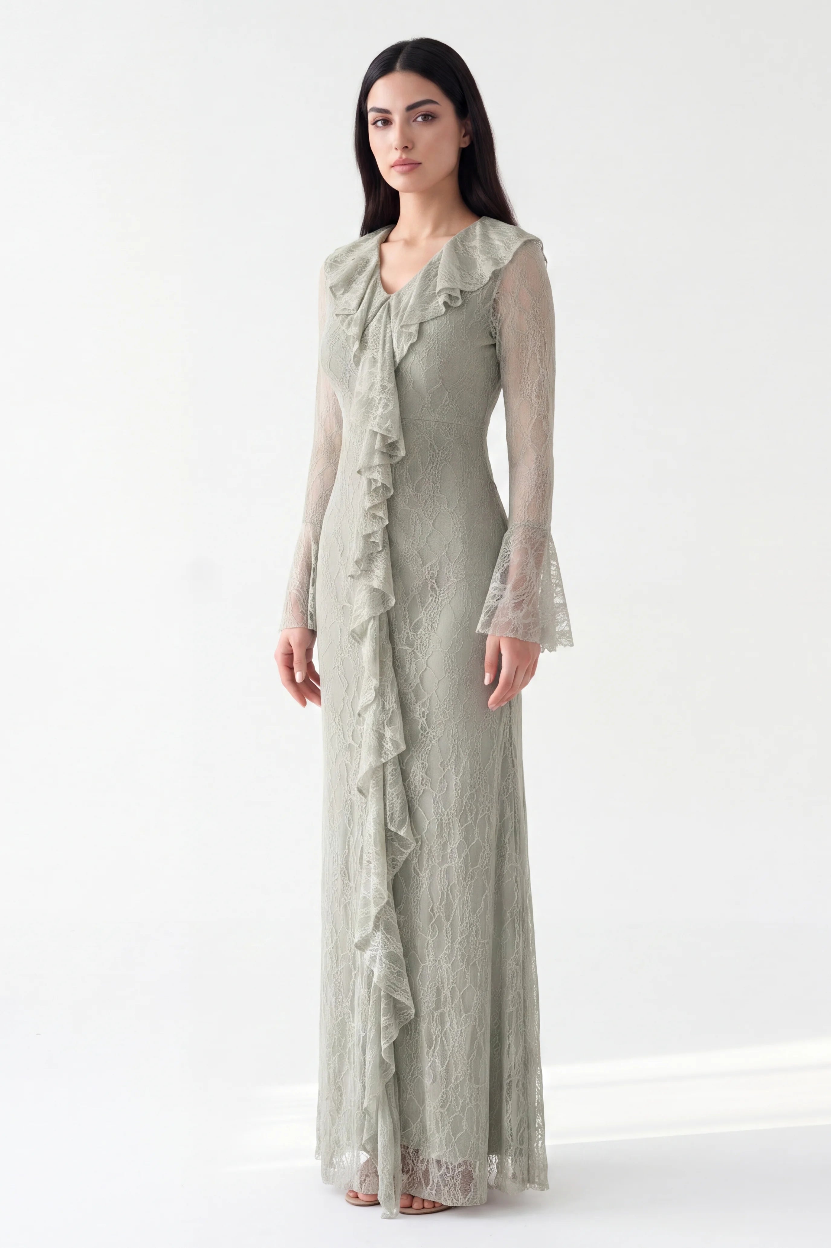 Neck Ruffle Along Dantel Dress