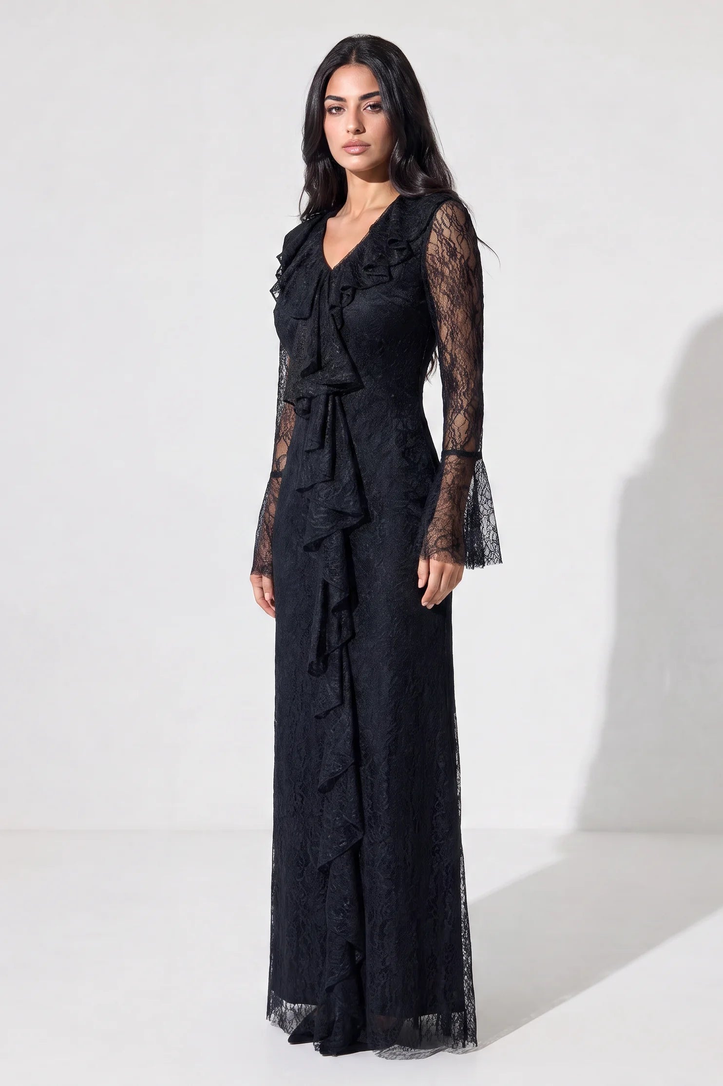Neck Ruffle Along Dantel Dress