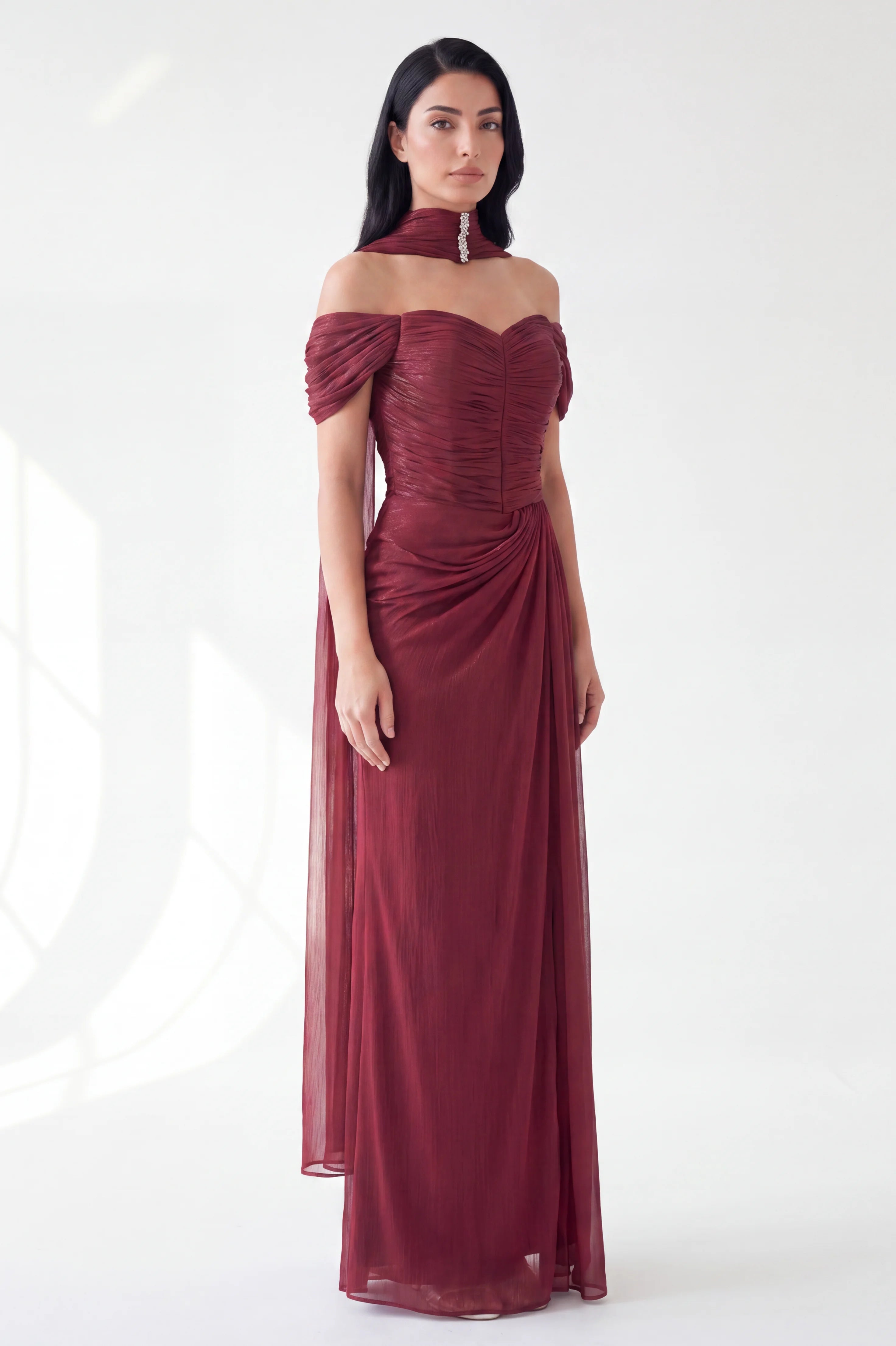 Draped Off Shoulder Gathered Organza Dress