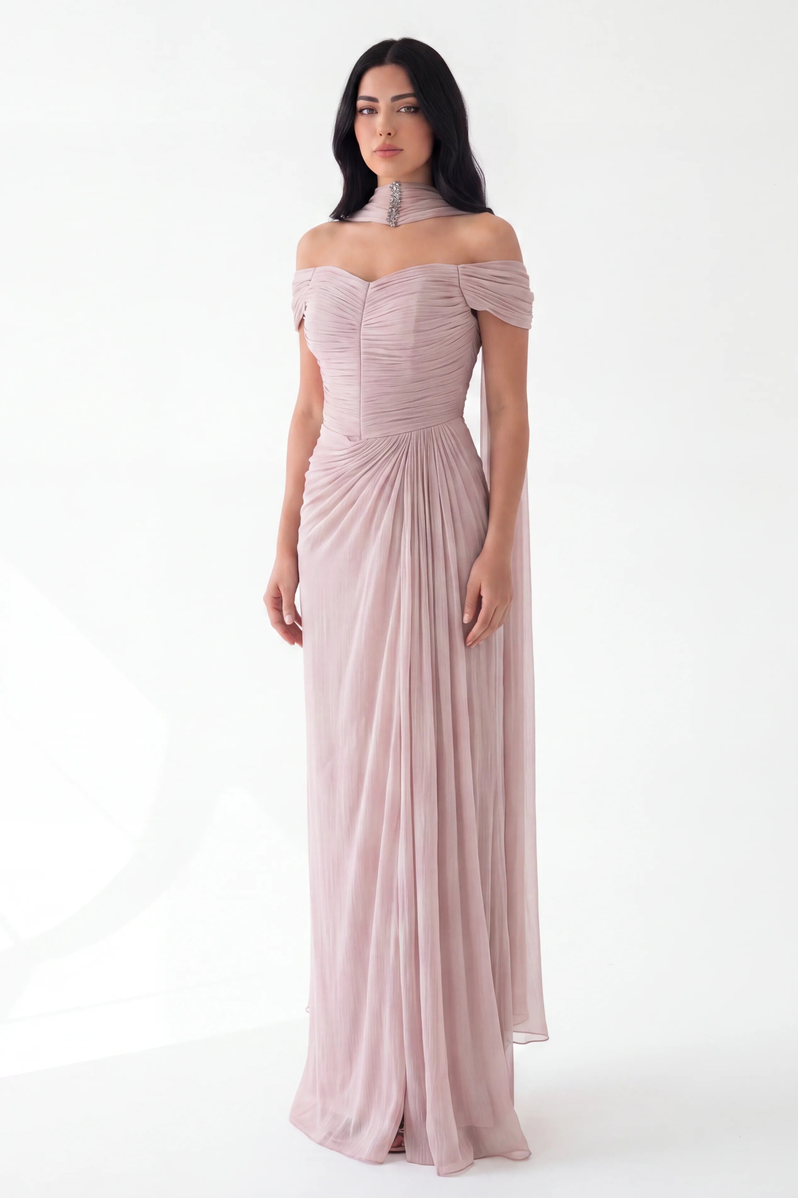 Draped Off Shoulder Gathered Organza Dress