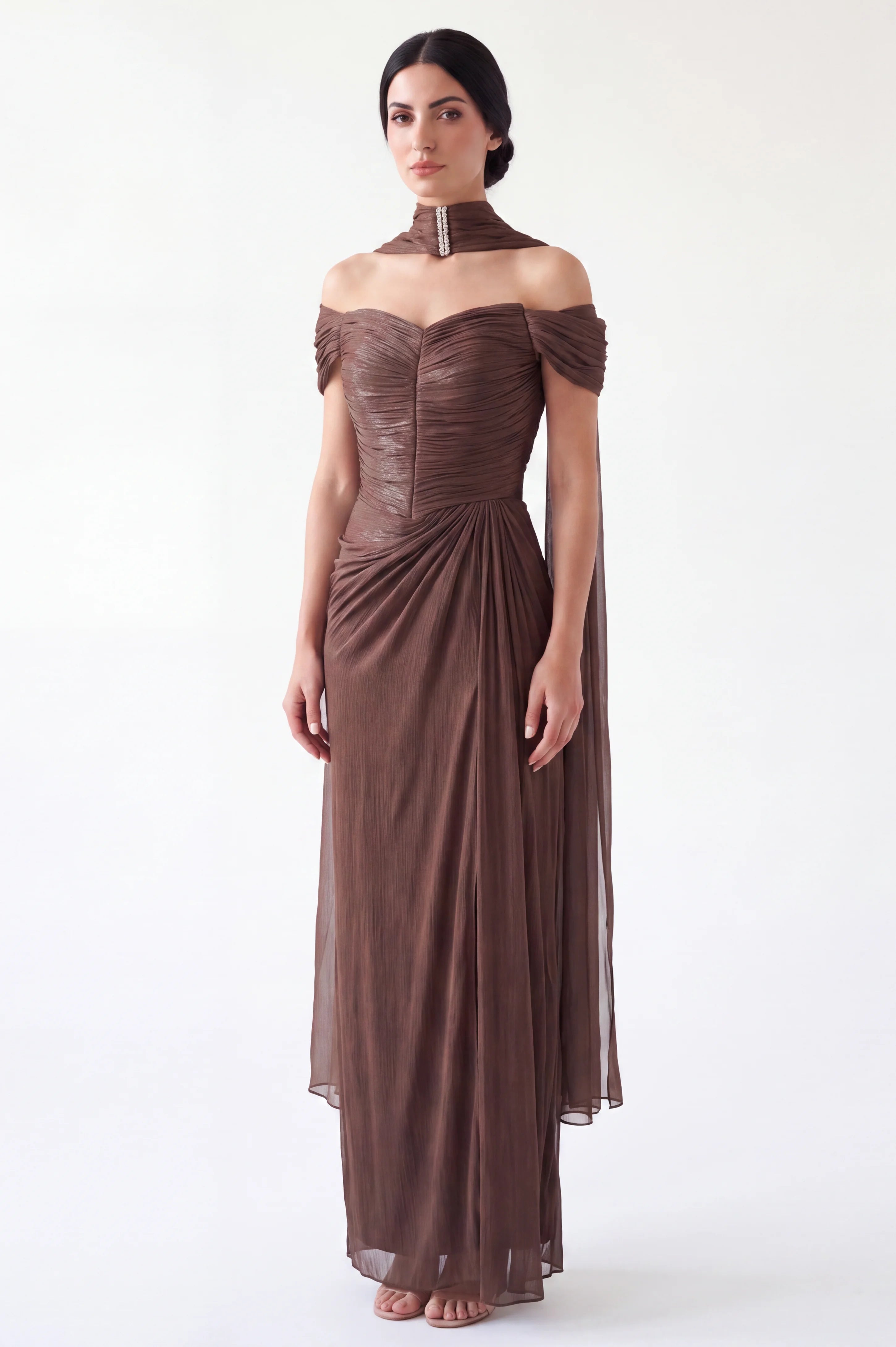 Draped Off Shoulder Gathered Organza Dress