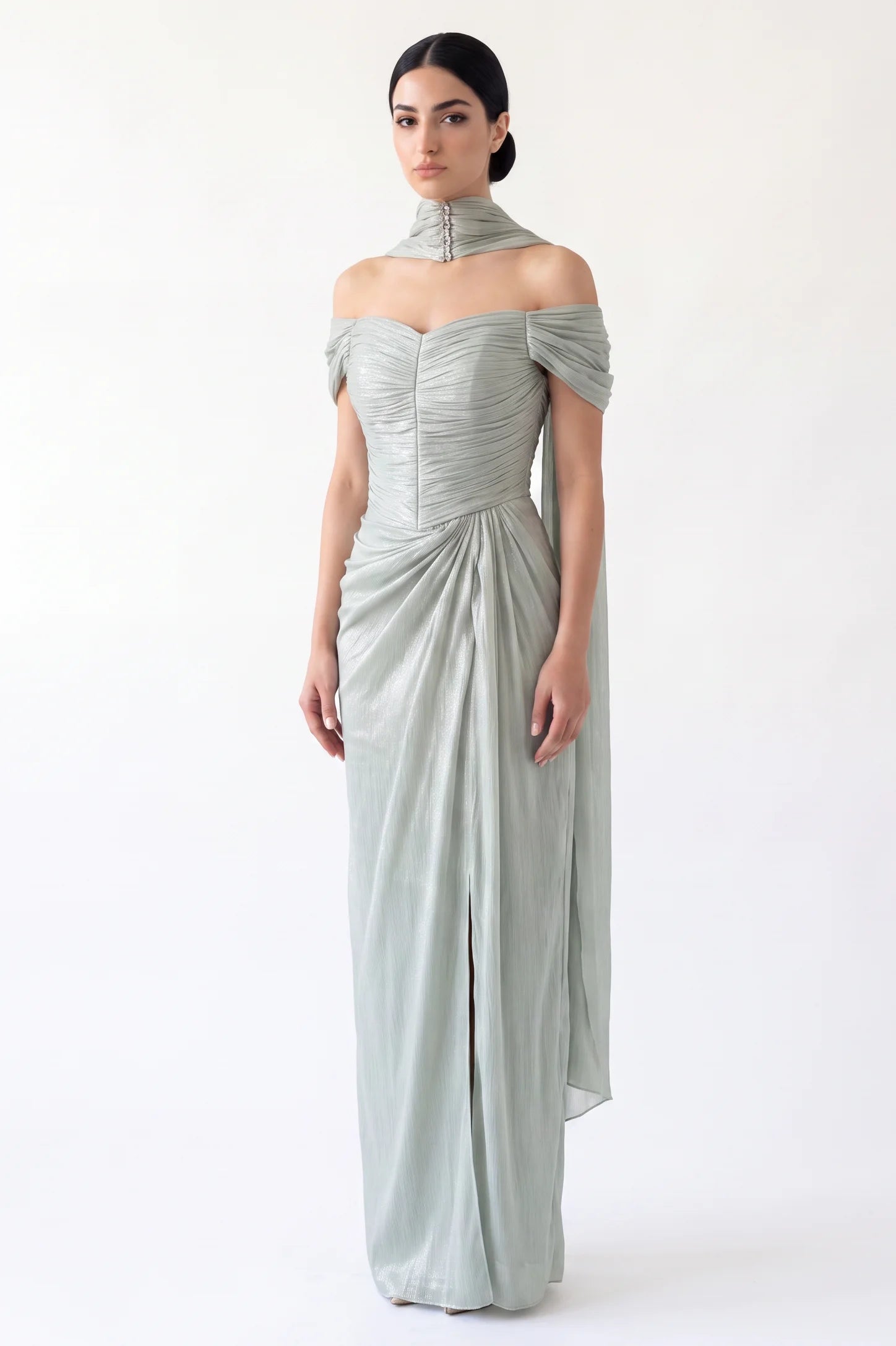 Draped Off Shoulder Gathered Organza Dress