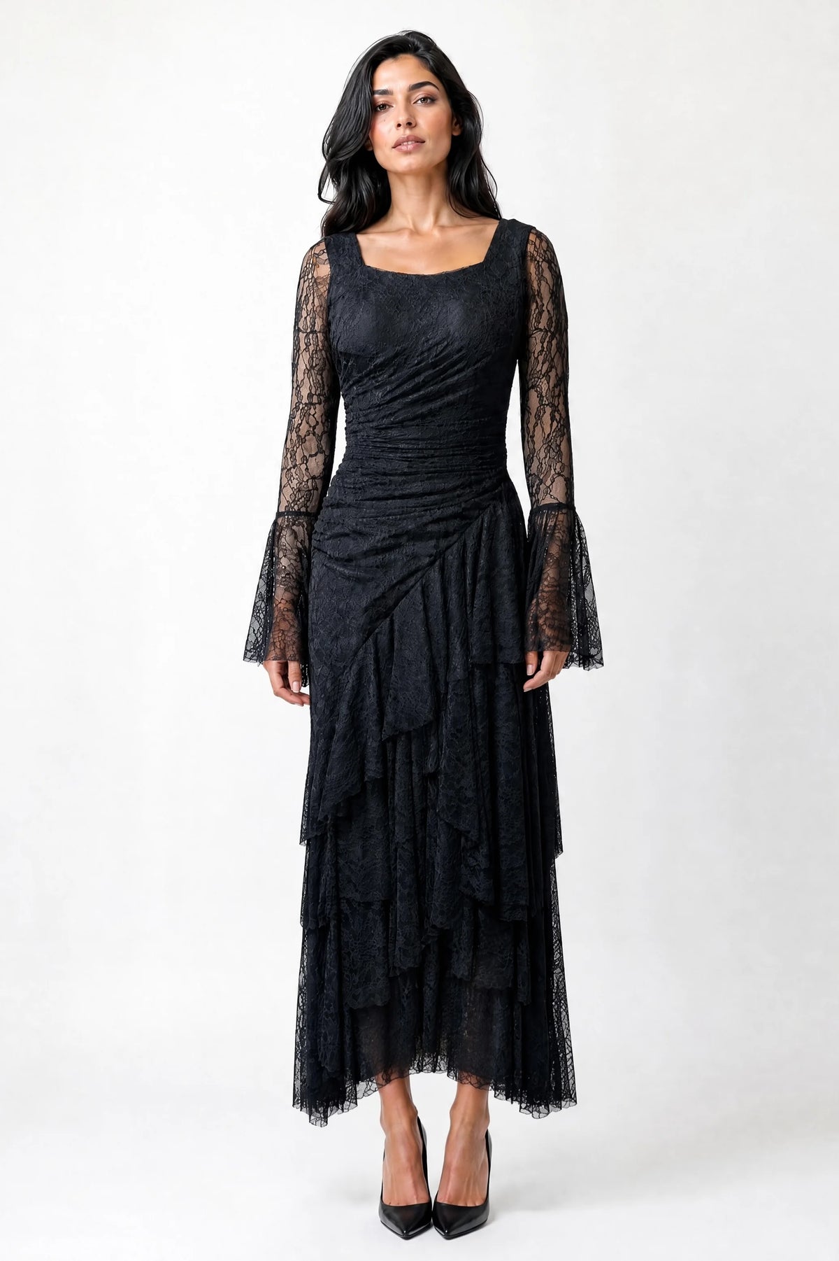 Square Neck Ruffle Detail Dantel Dress