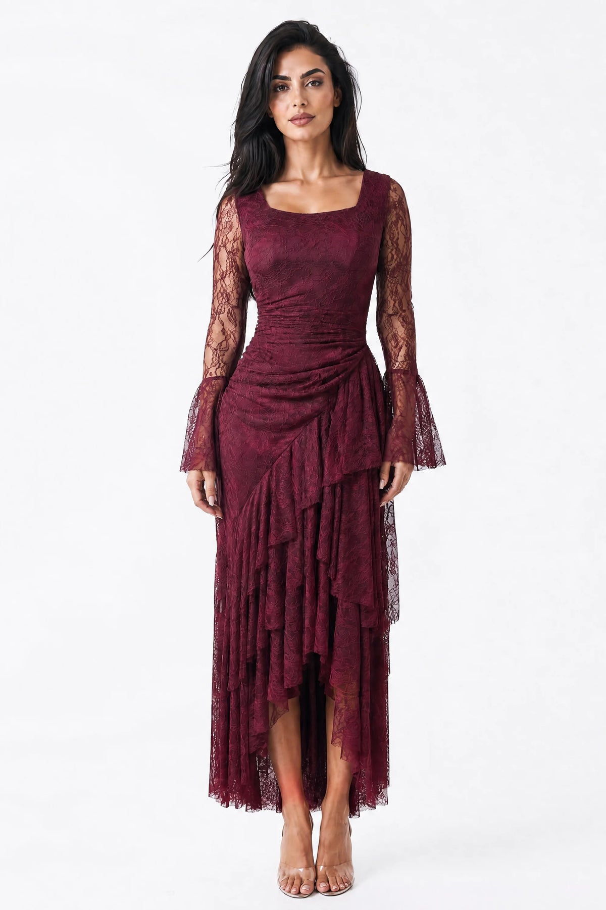 Square Neck Ruffle Detail Dantel Dress