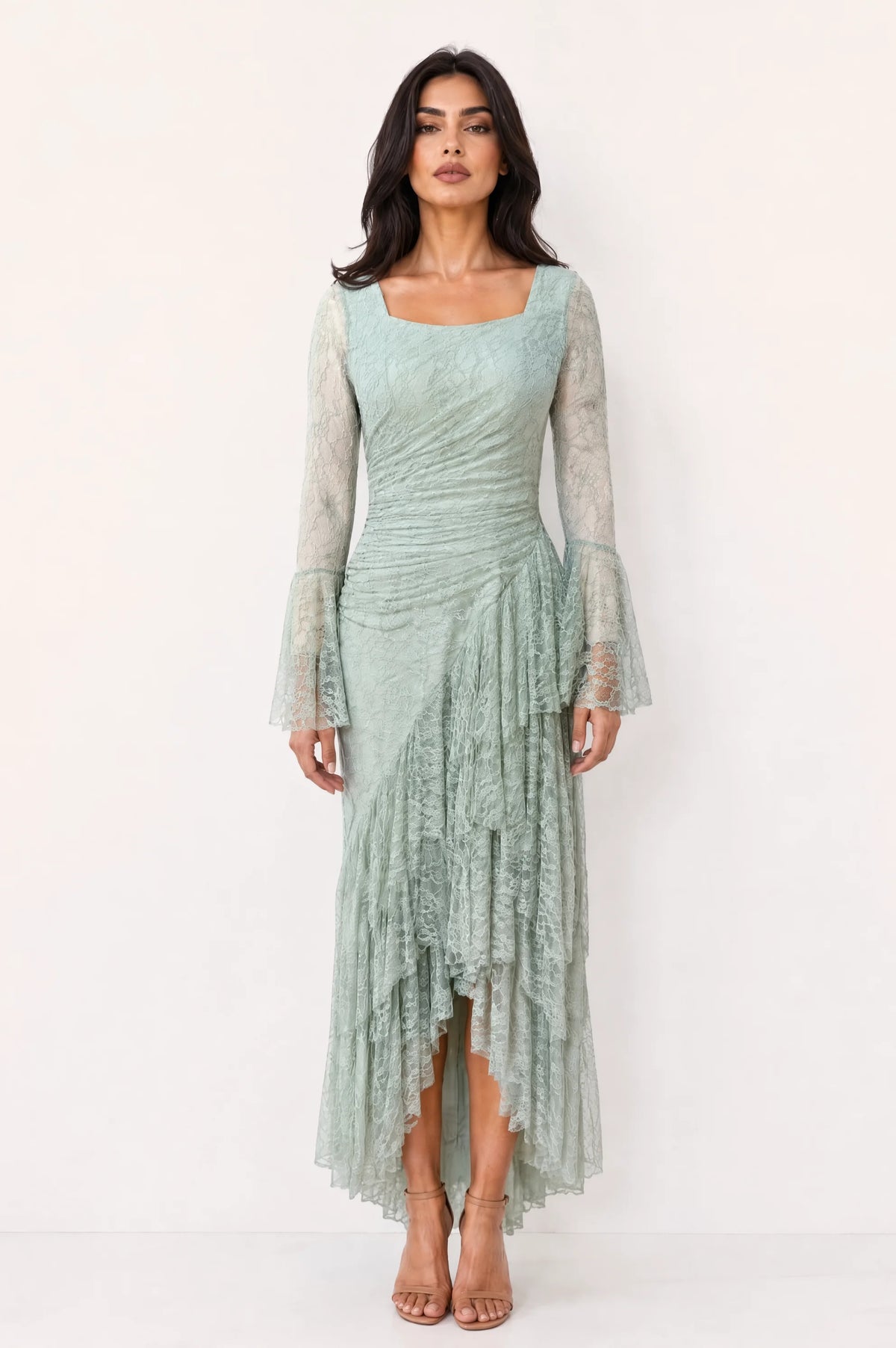 Square Neck Ruffle Detail Dantel Dress