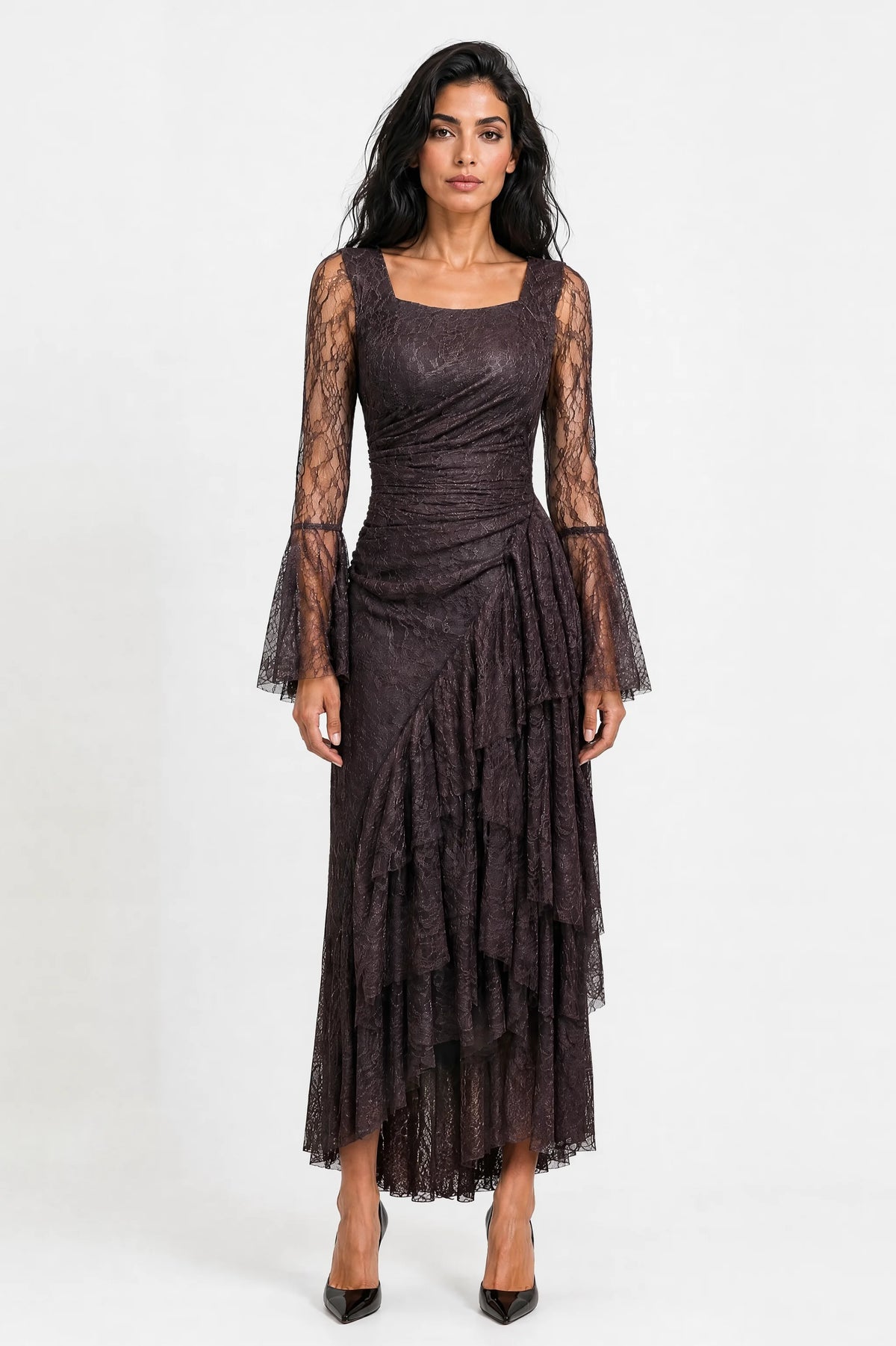 Square Neck Ruffle Detail Dantel Dress