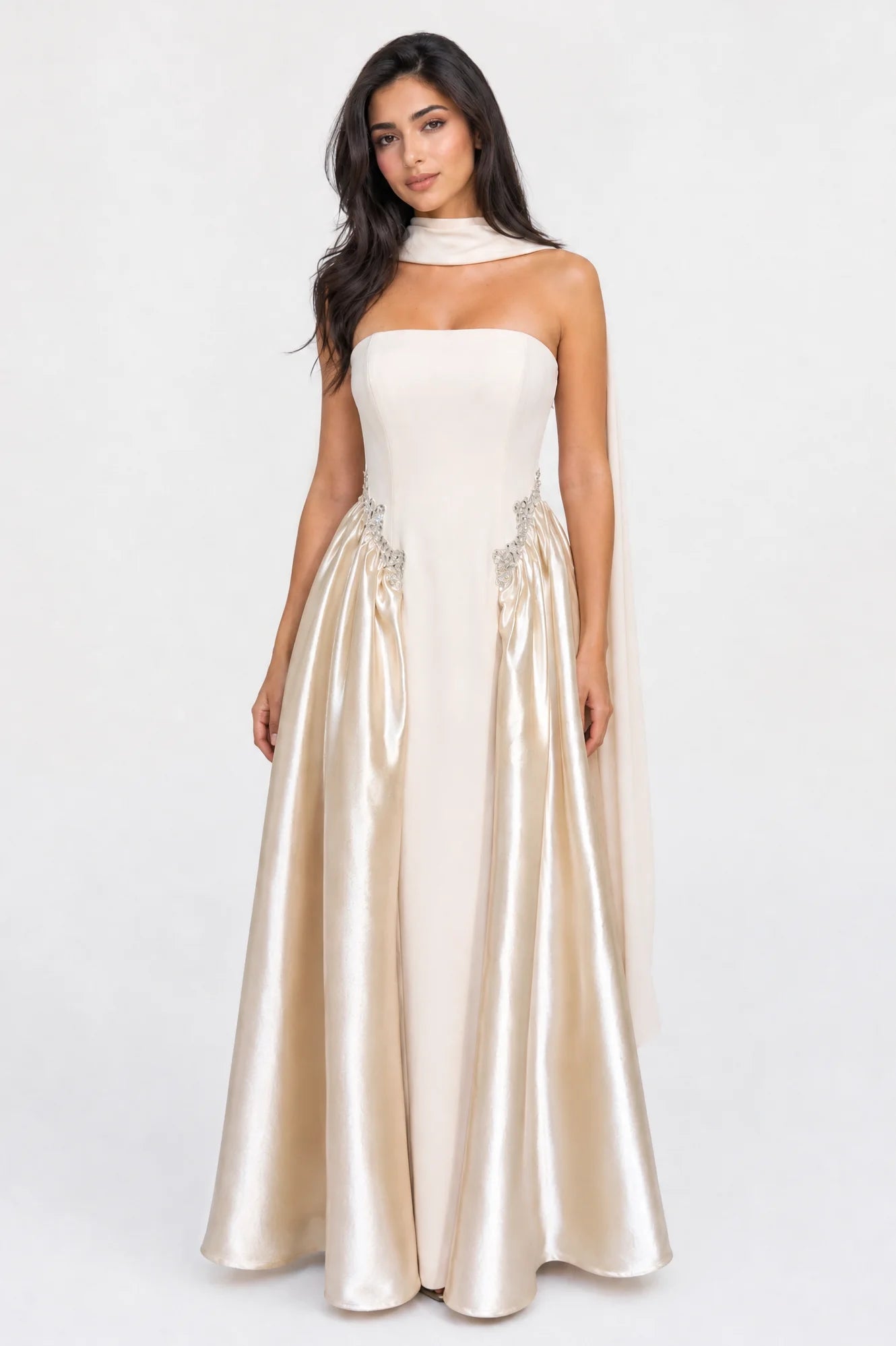 Strapless Crystal Waist Line Crepe Dress