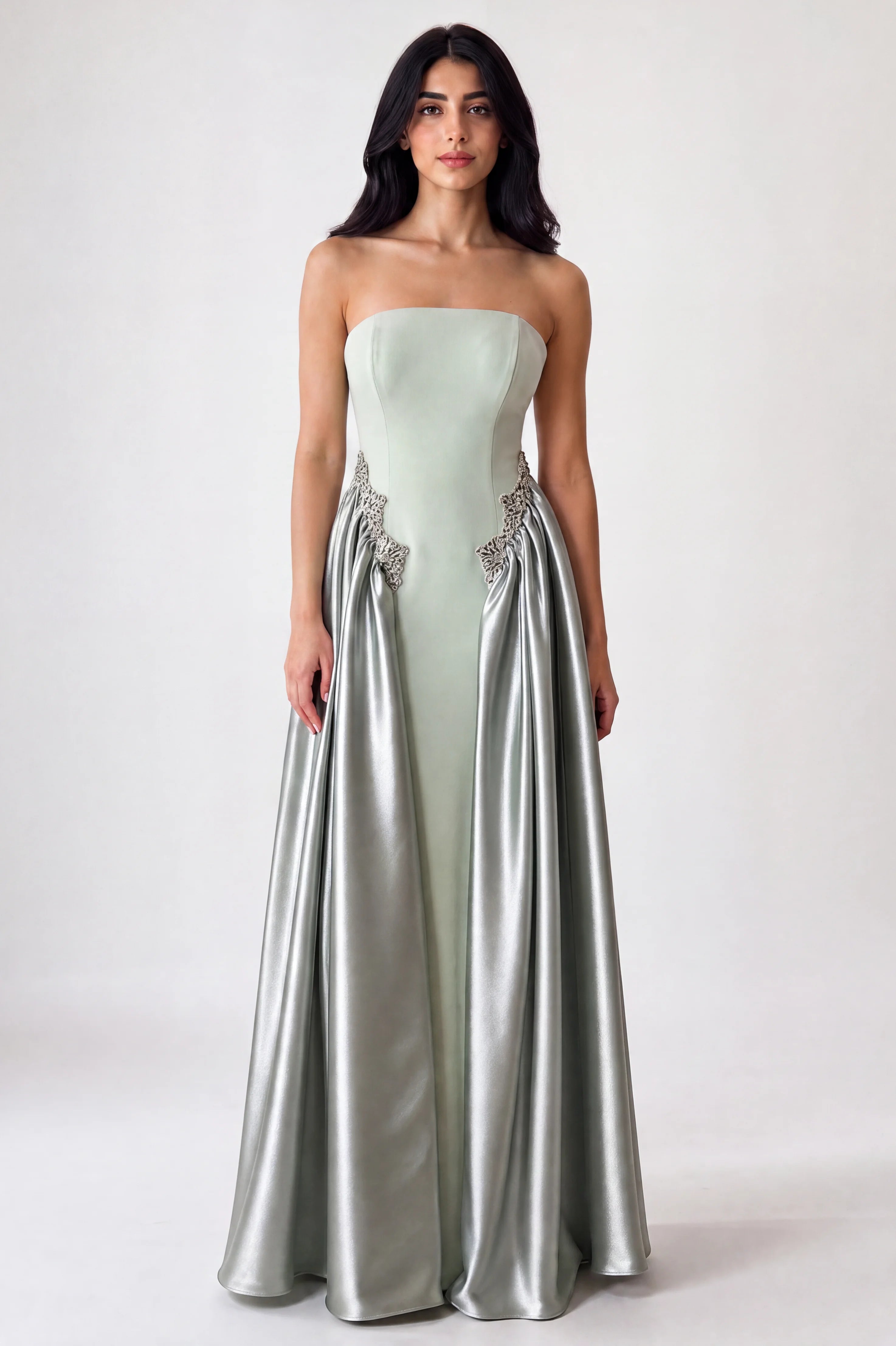 Strapless Crystal Waist Line Crepe Dress
