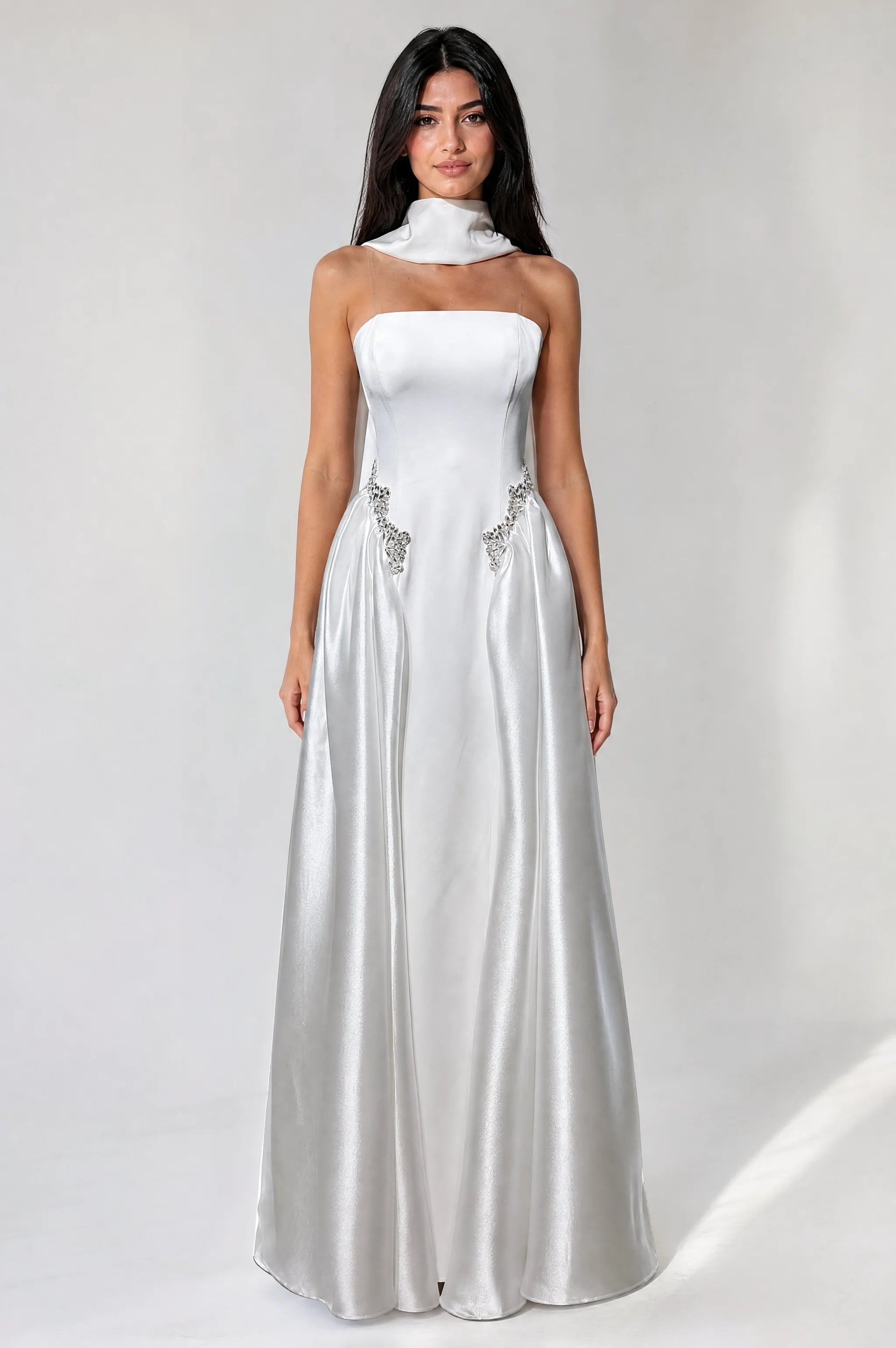 Strapless Crystal Waist Line Crepe Dress