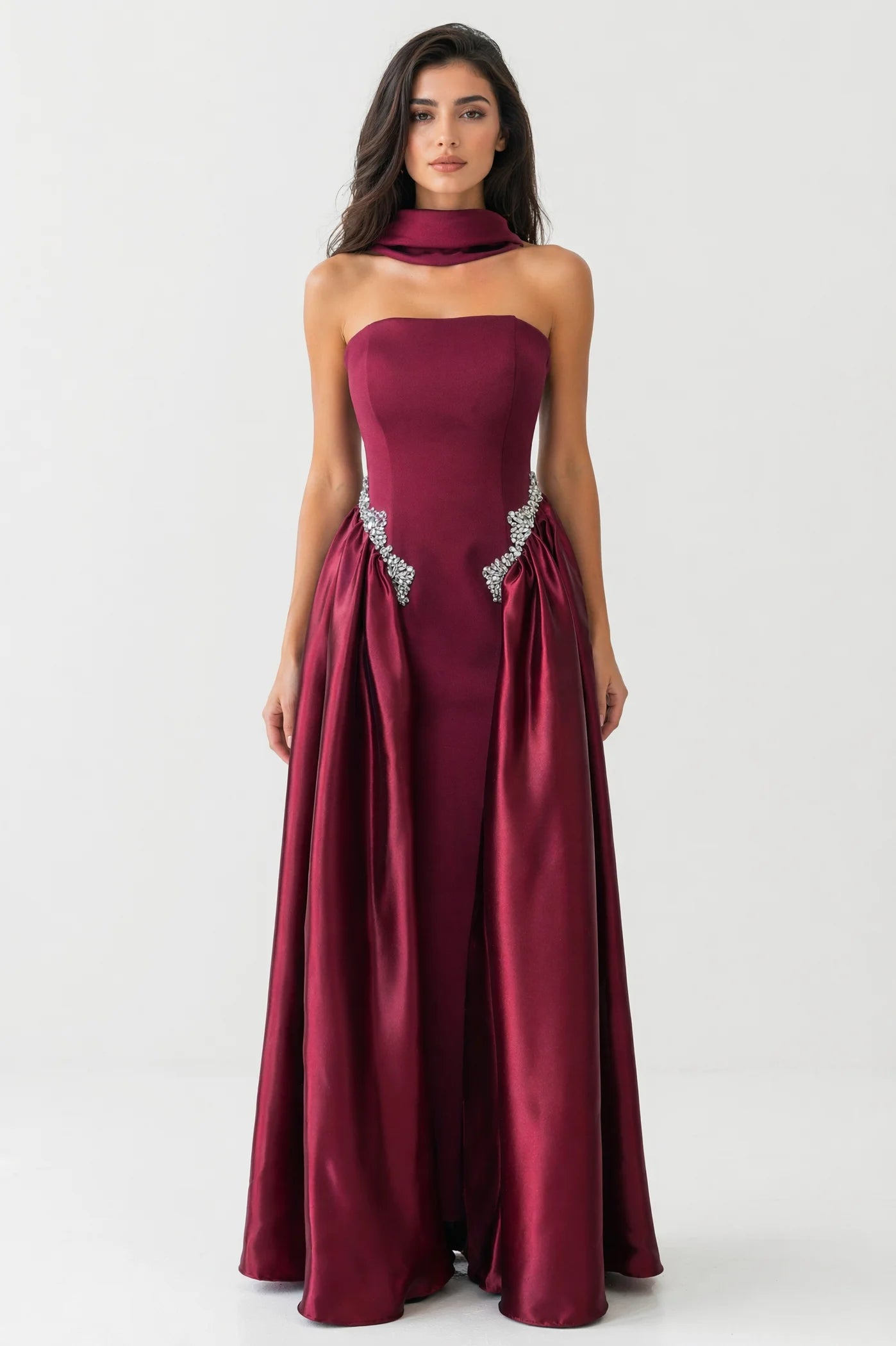 Strapless Crystal Waist Line Crepe Dress