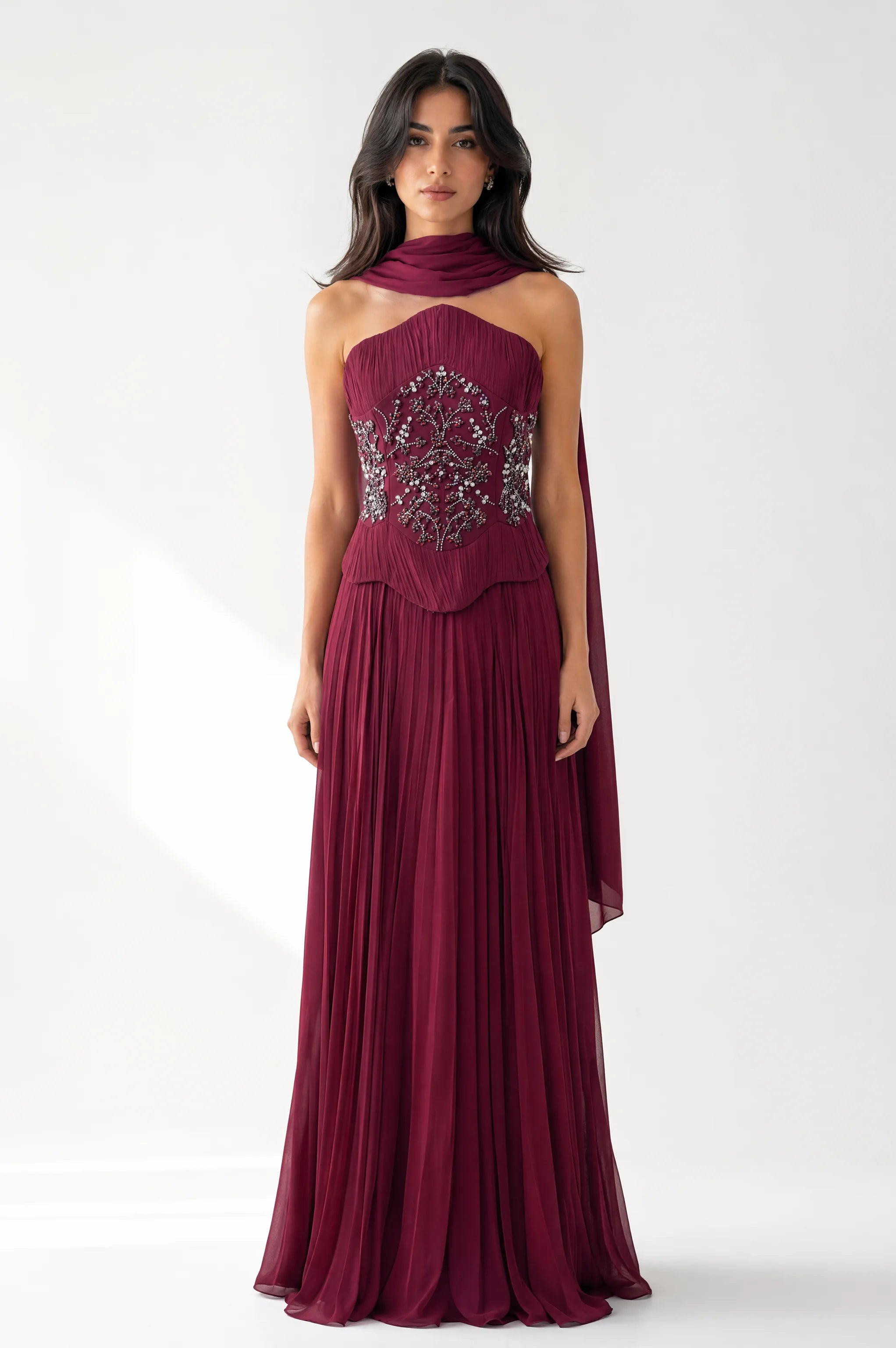 Embellished Corset Plisse Chiffon Dress