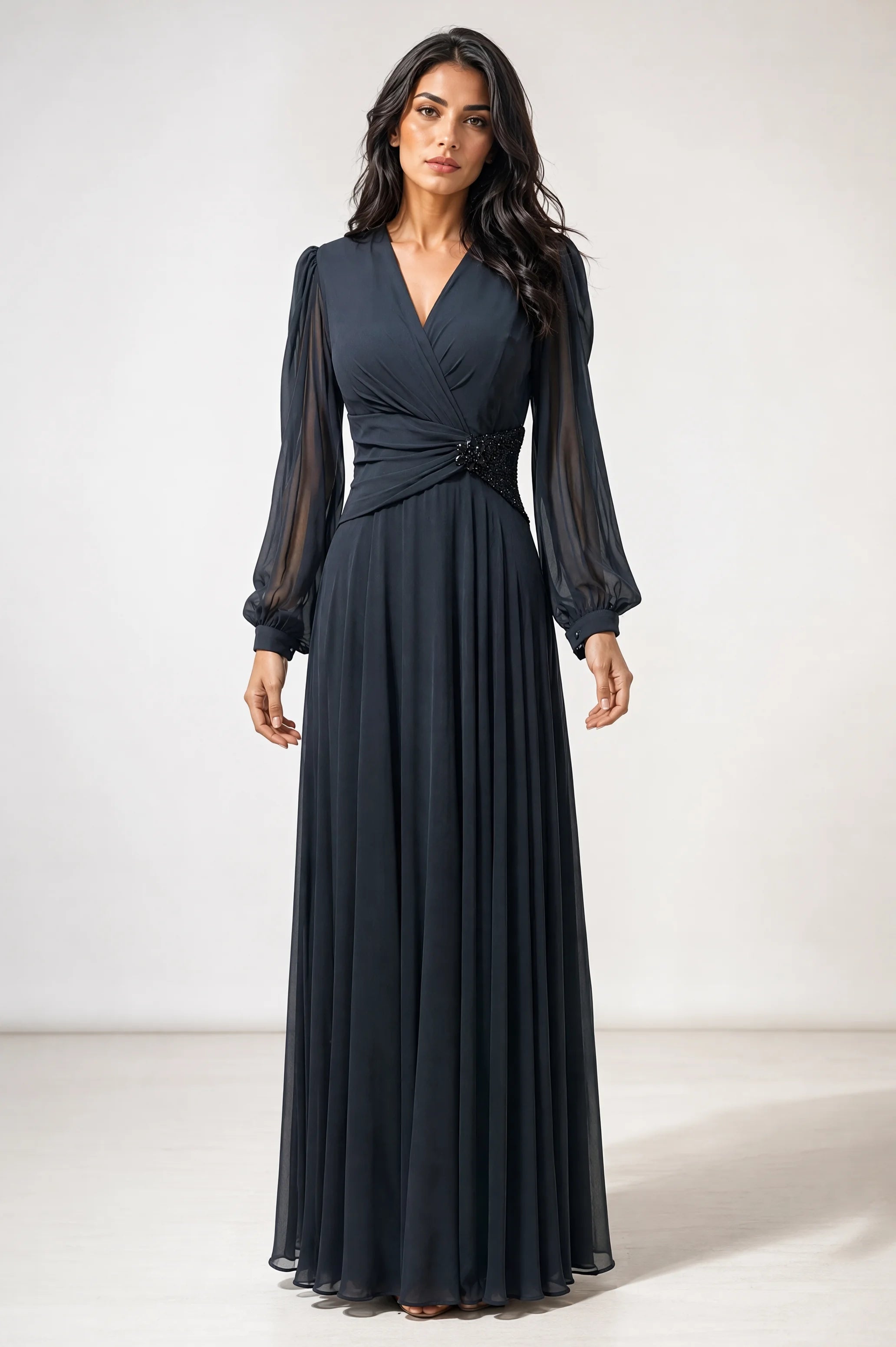 Beaded Waist Chiffon Dress