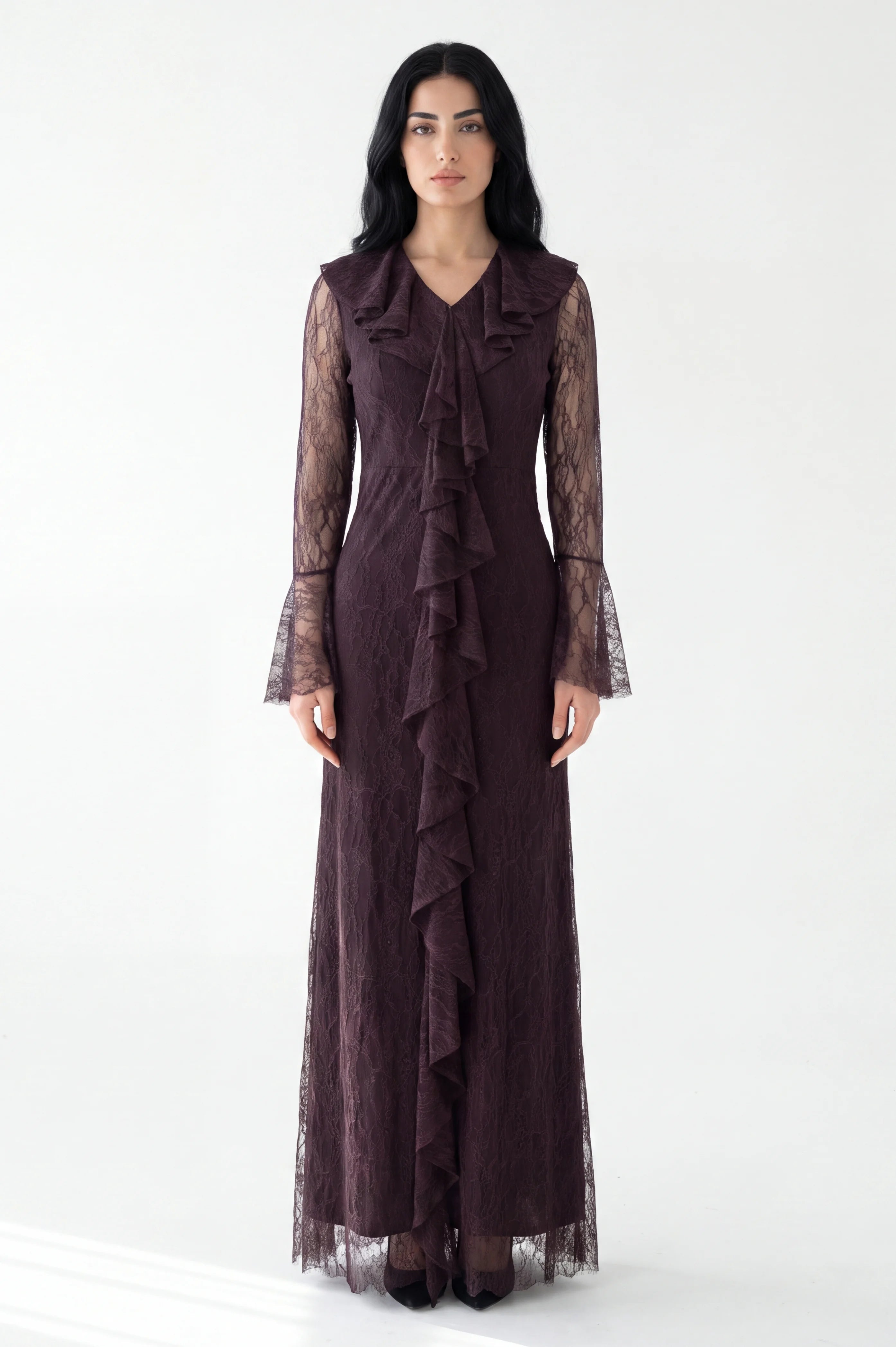 Neck Ruffle Along Dantel Dress