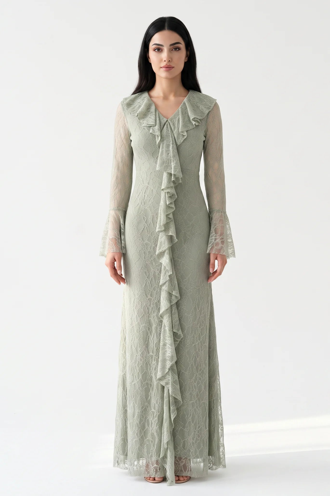 Neck Ruffle Along Dantel Dress