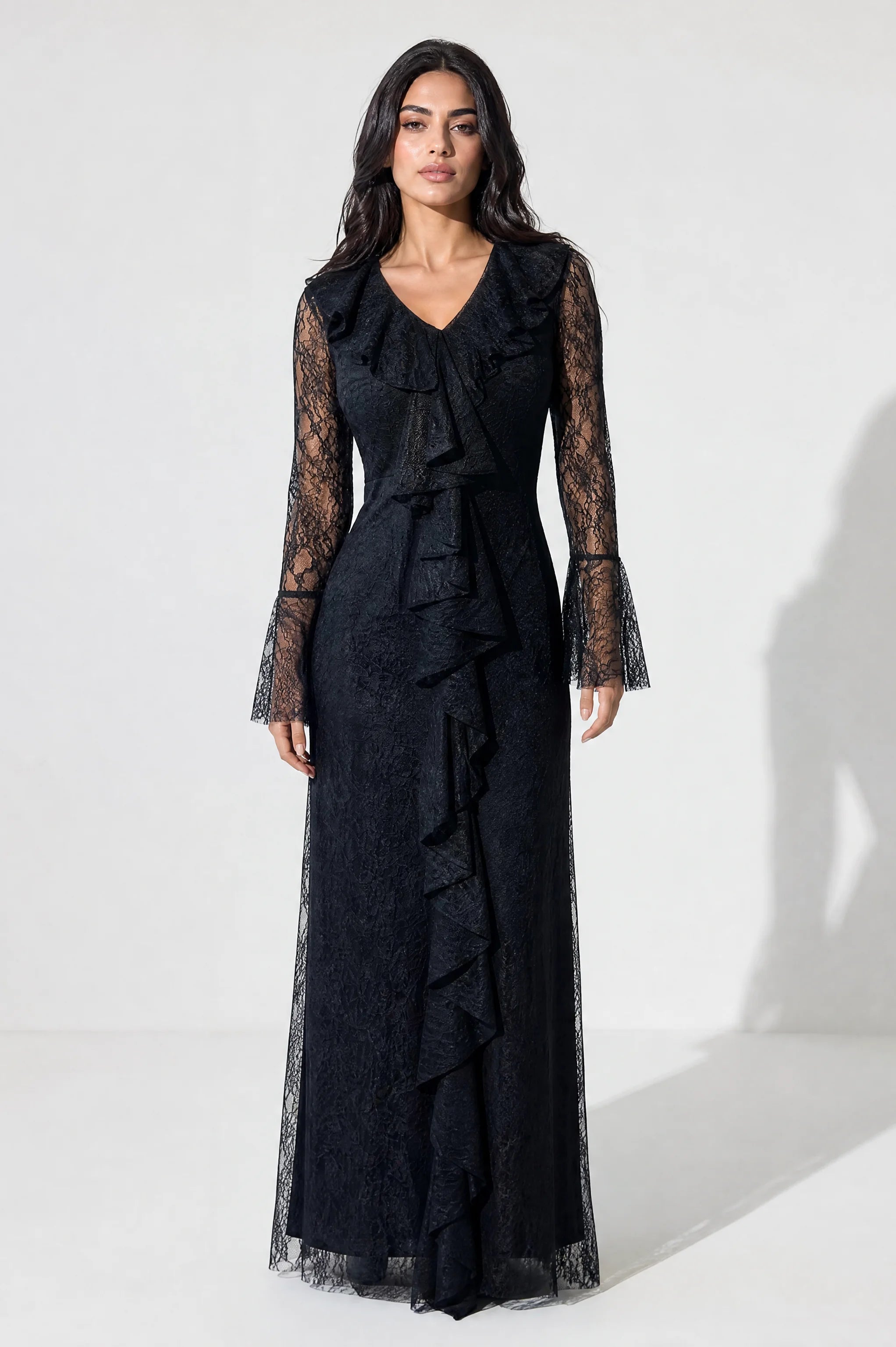 Neck Ruffle Along Dantel Dress