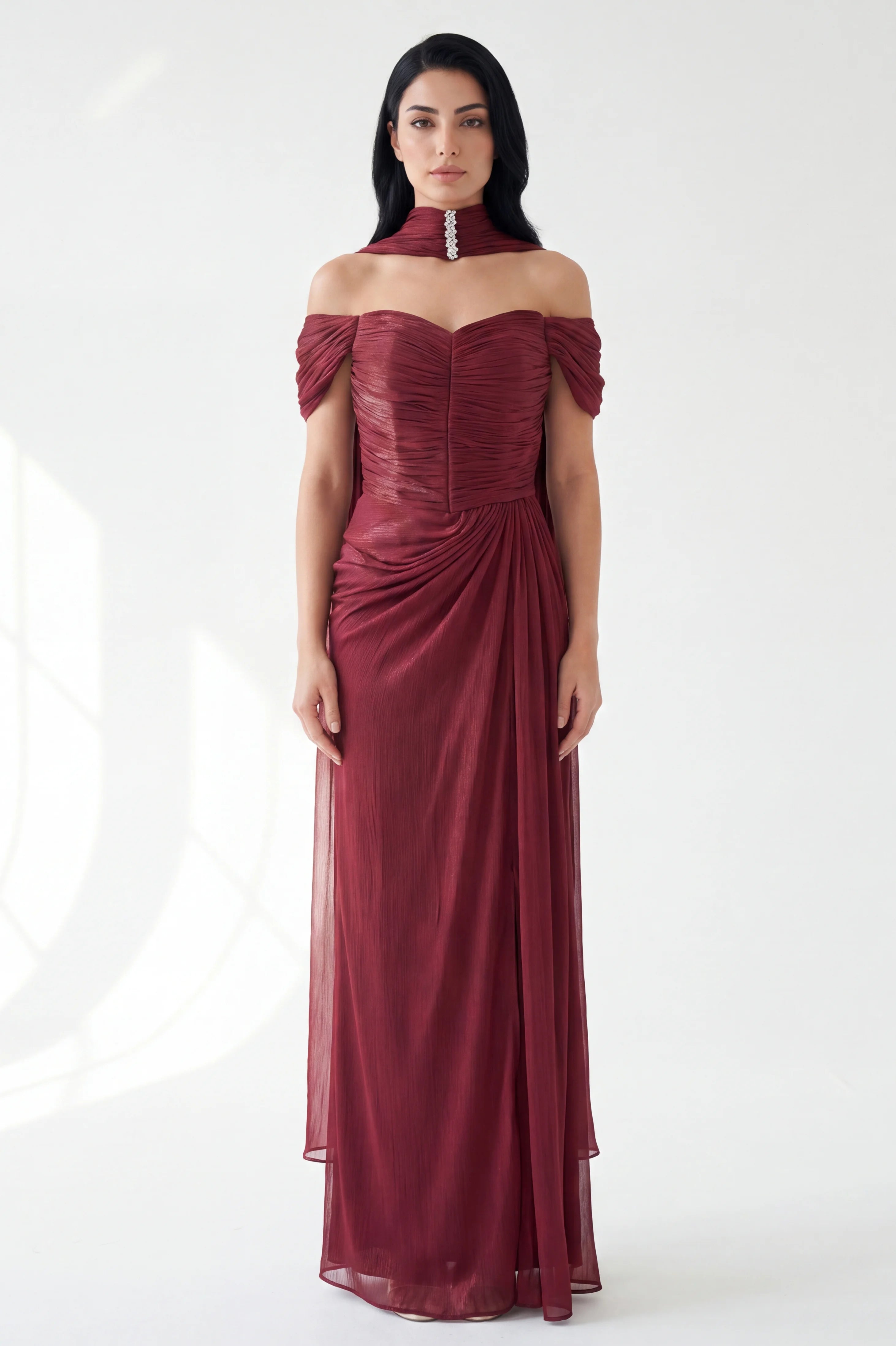 Draped Off Shoulder Gathered Organza Dress