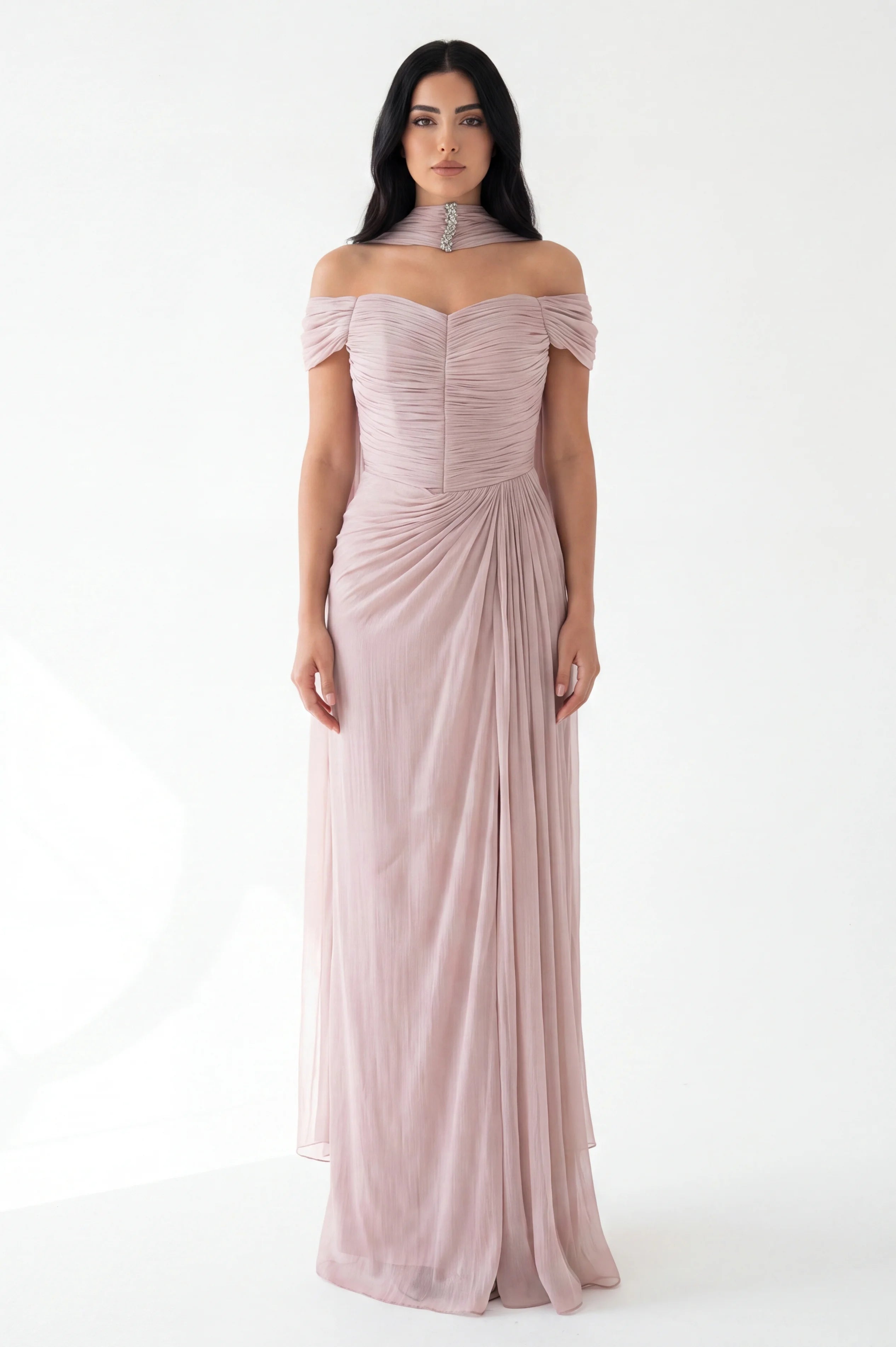 Draped Off Shoulder Gathered Organza Dress