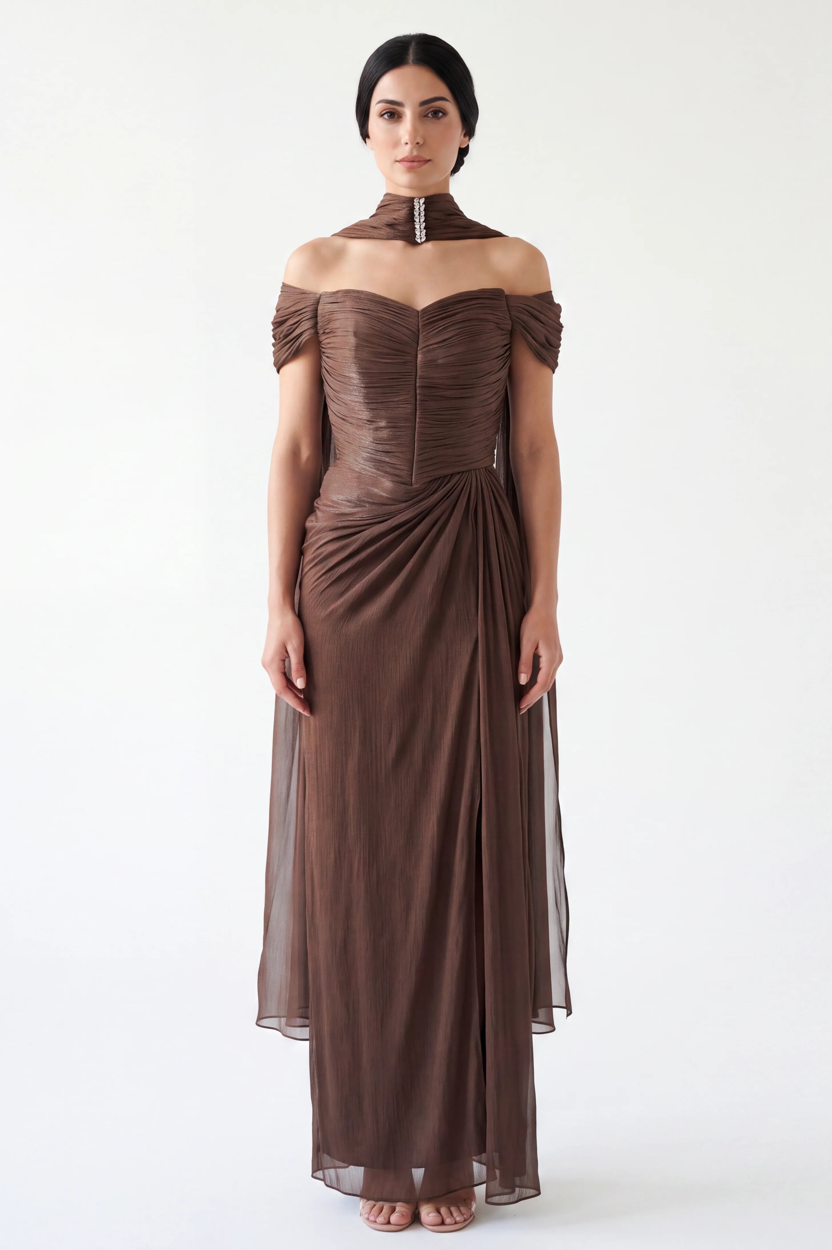 Draped Off Shoulder Gathered Organza Dress
