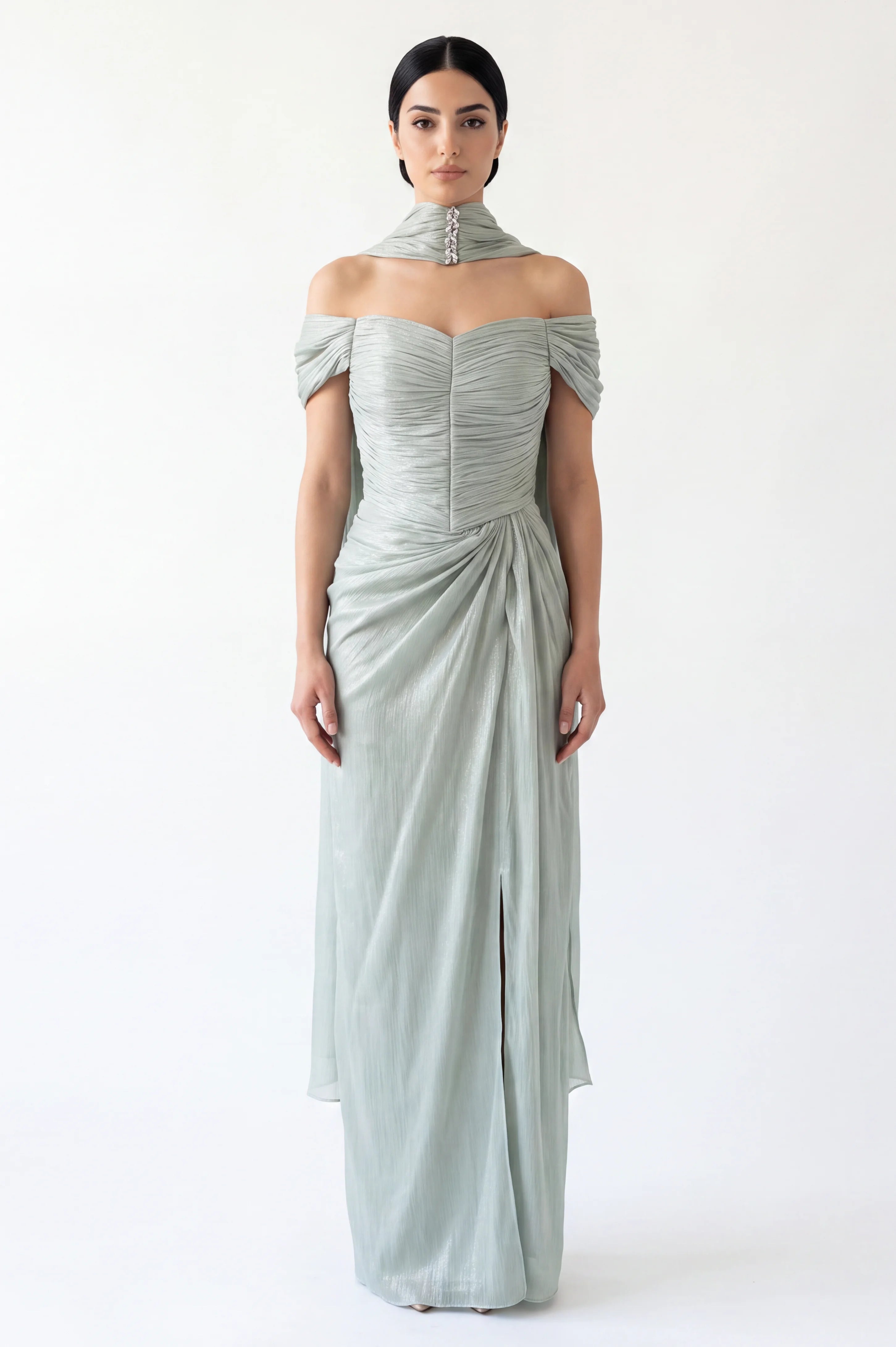 Draped Off Shoulder Gathered Organza Dress