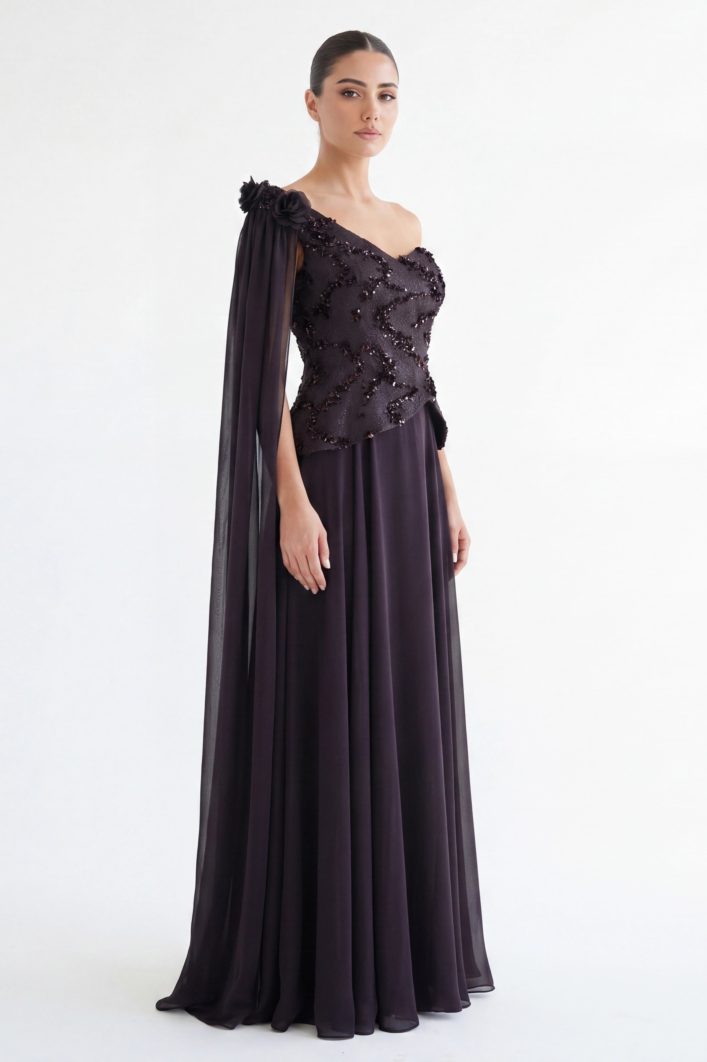 Sequin Dantel Shawl Plisse Chiffon Dress