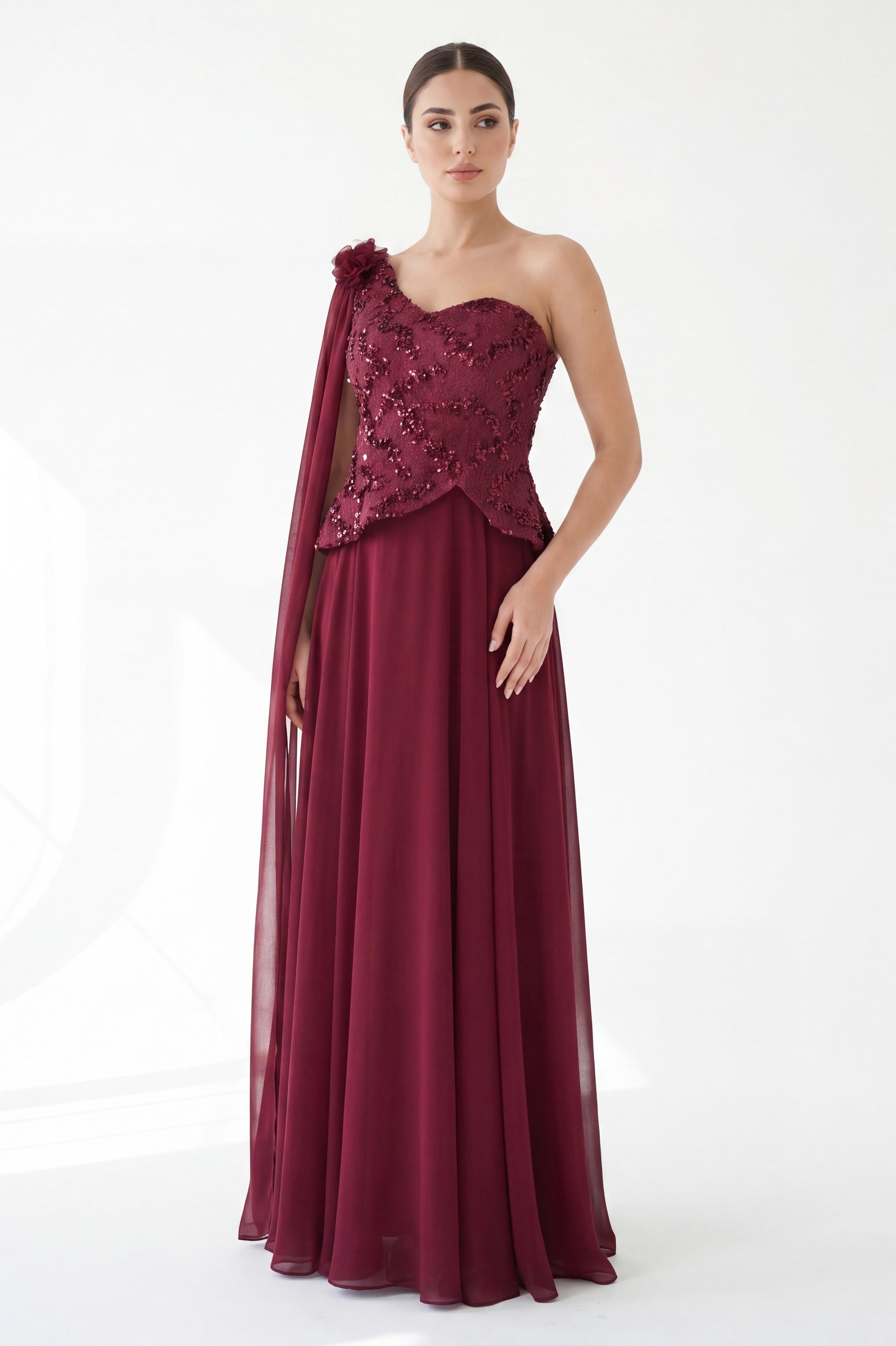Sequin Dantel Shawl Plisse Chiffon Dress