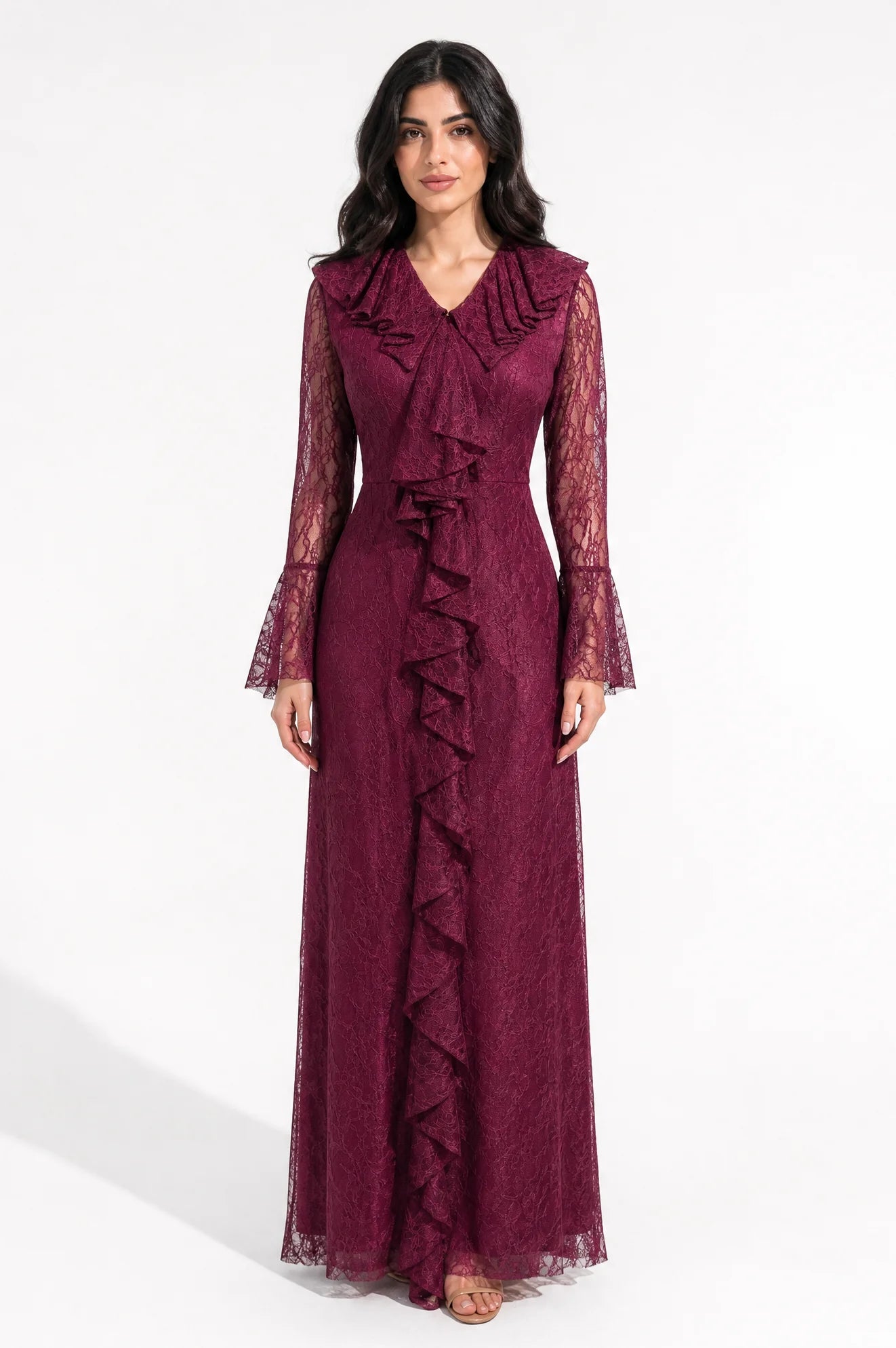 Neck Ruffle Along Dantel Dress