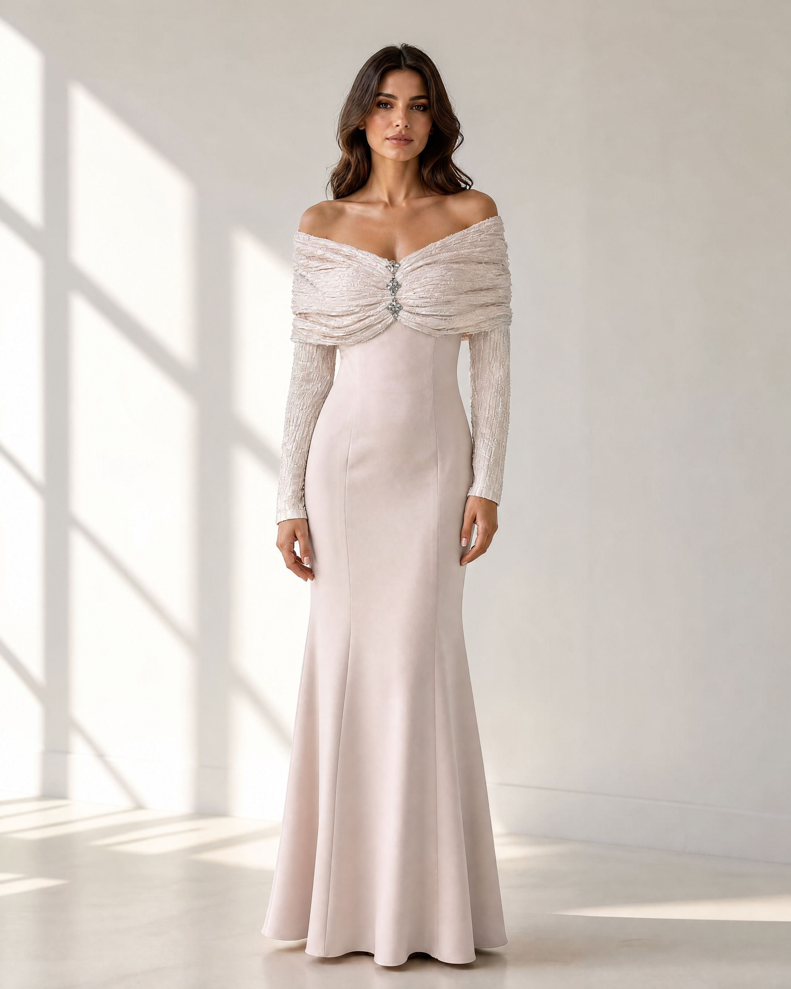 Off Shoulder Gathered Dantel Bust Crepe Dress