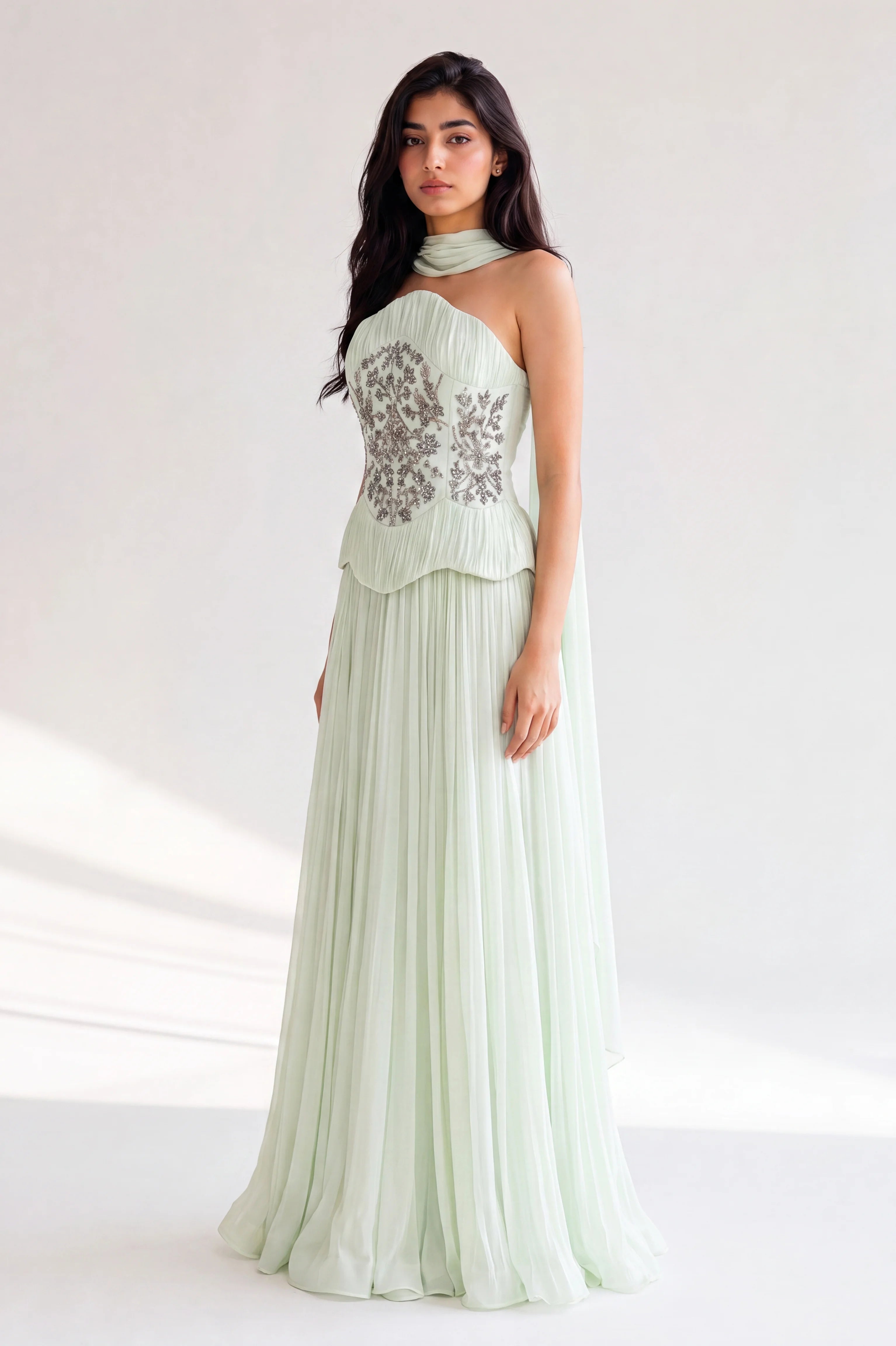 Embellished Corset Plisse Chiffon Dress