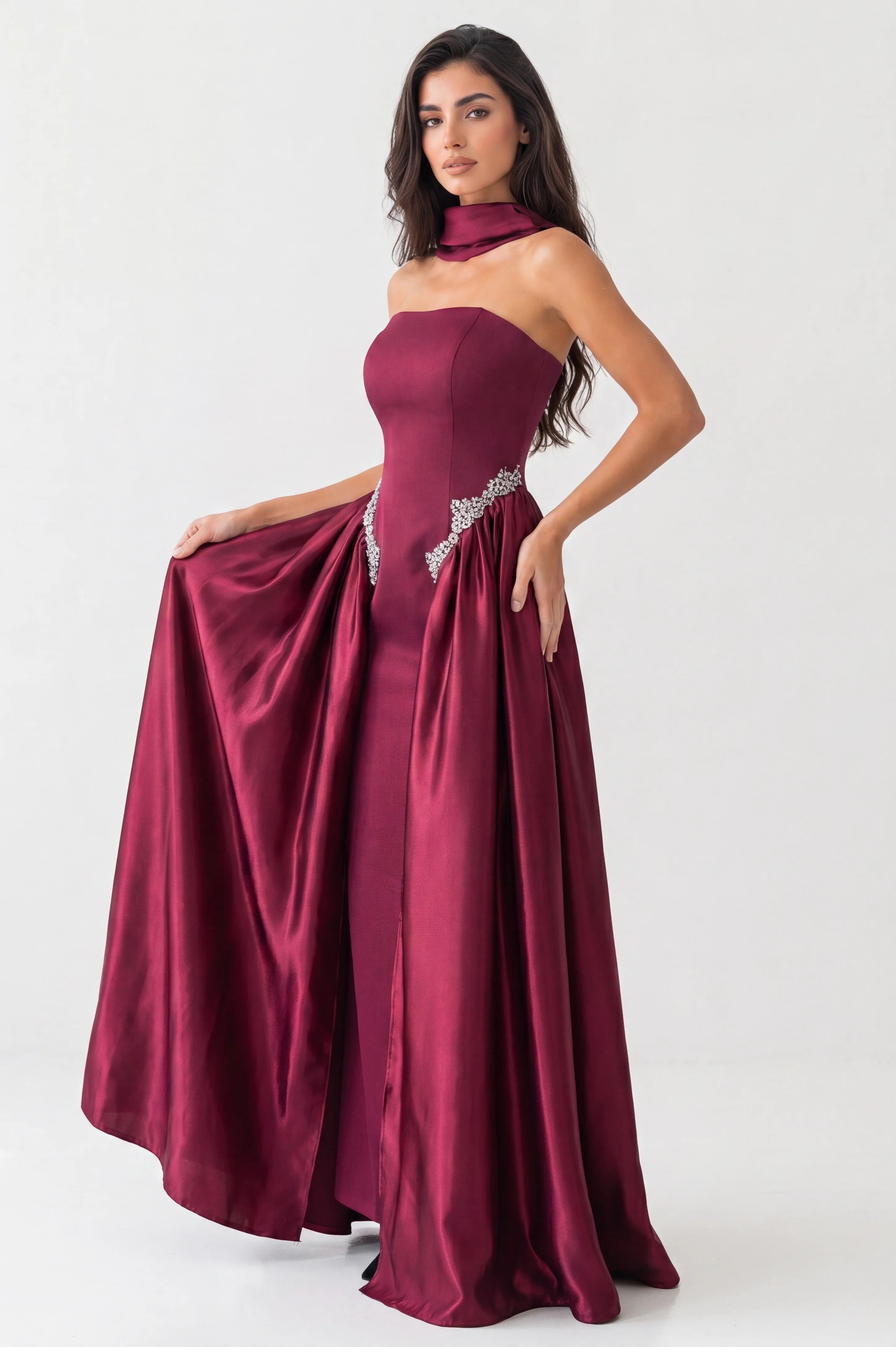 Strapless Crystal Waist Line Crepe Dress