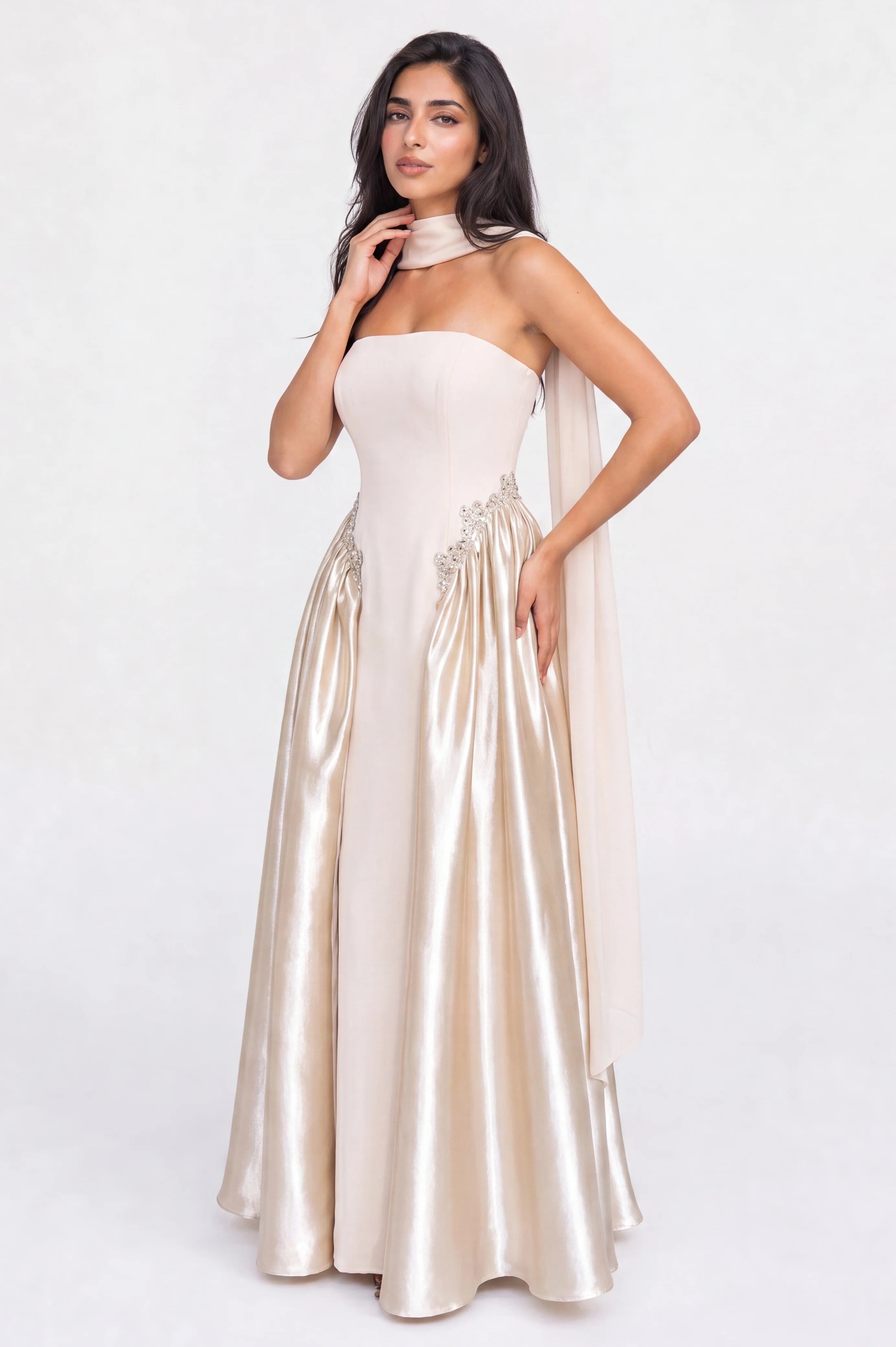 Strapless Crystal Waist Line Crepe Dress