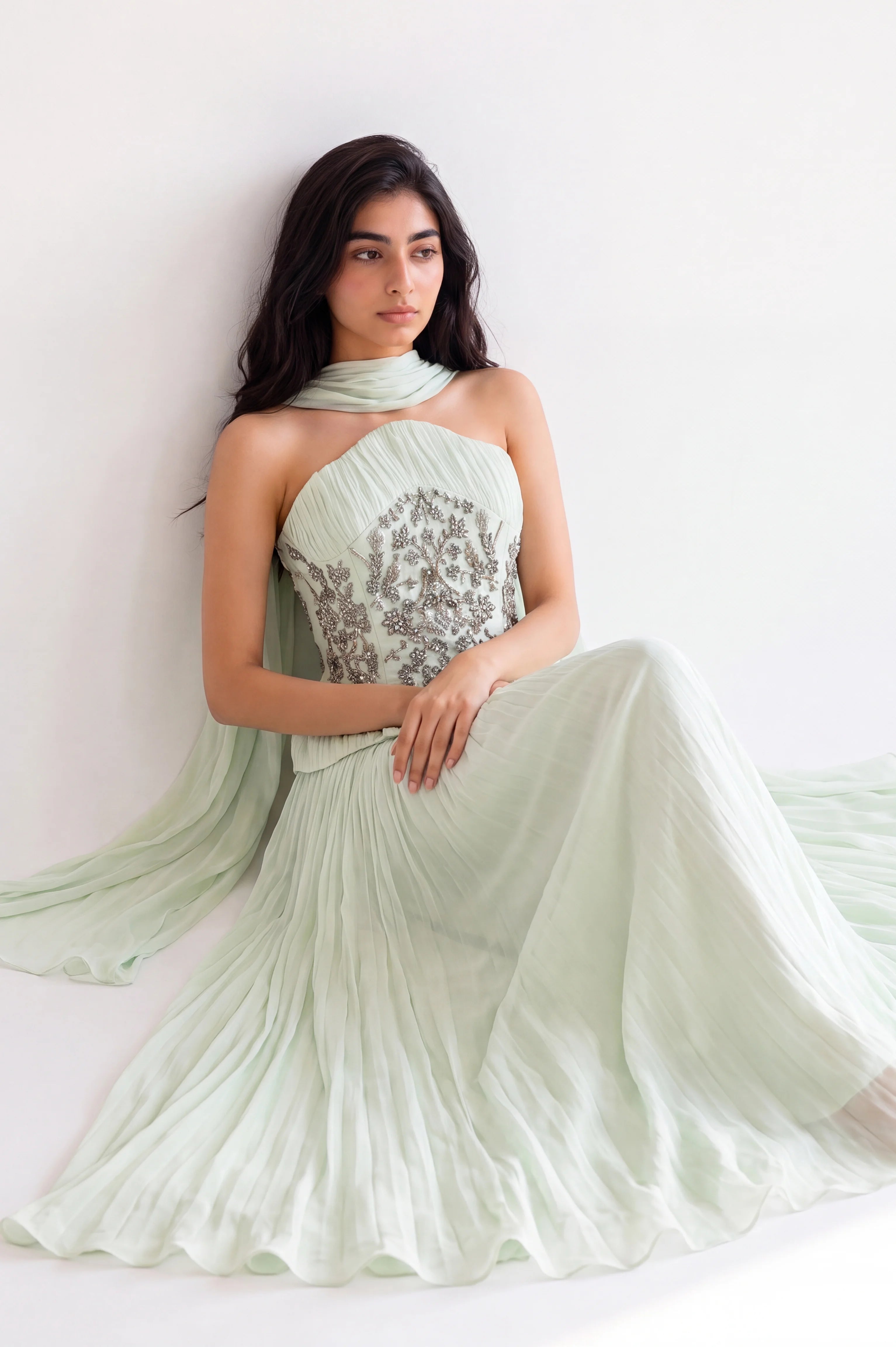 Embellished Corset Plisse Chiffon Dress