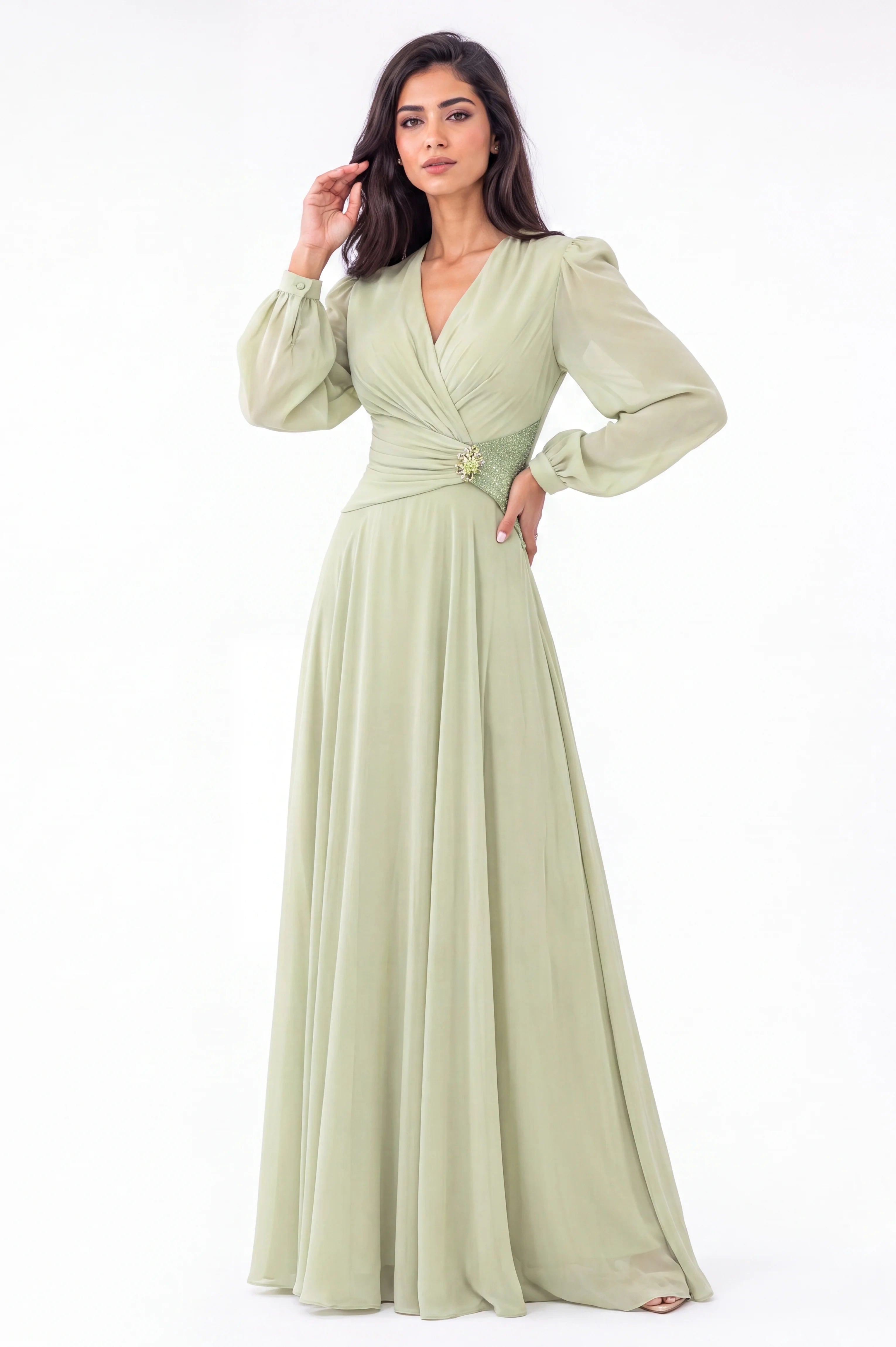 Beaded Waist Chiffon Dress