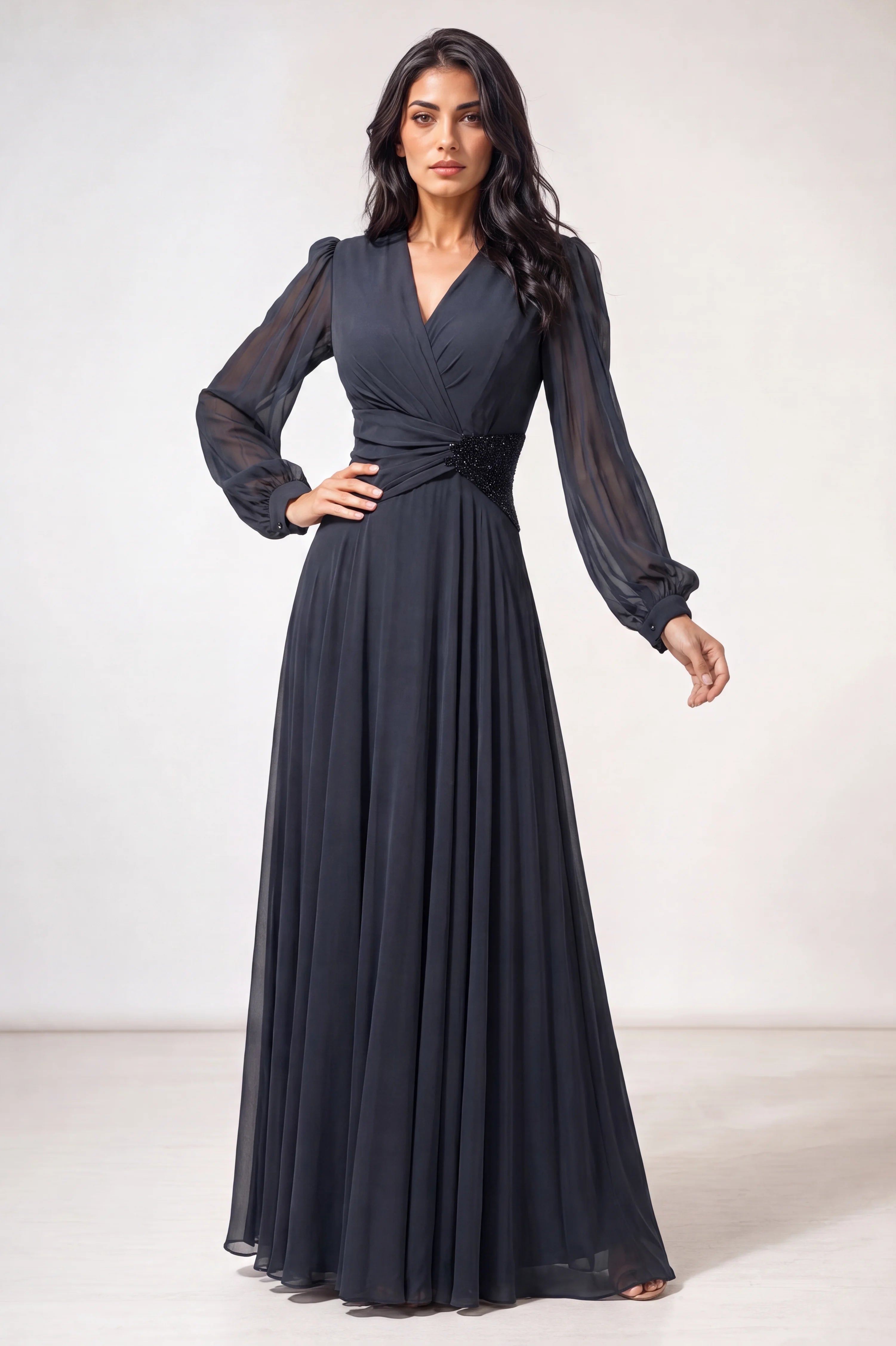 Beaded Waist Chiffon Dress