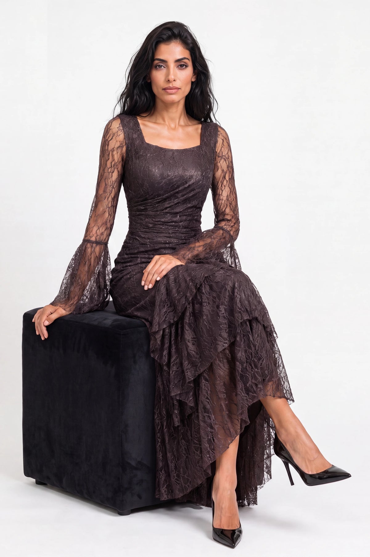 Square Neck Ruffle Detail Dantel Dress