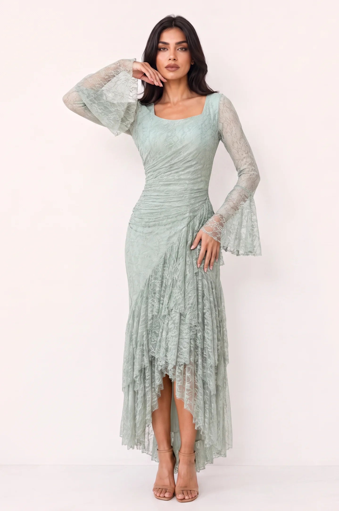 Square Neck Ruffle Detail Dantel Dress