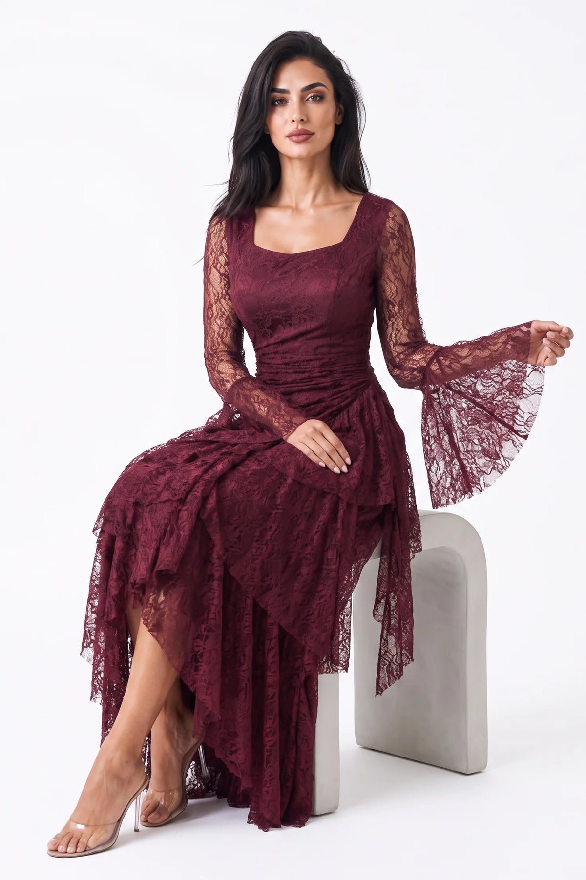 Square Neck Ruffle Detail Dantel Dress