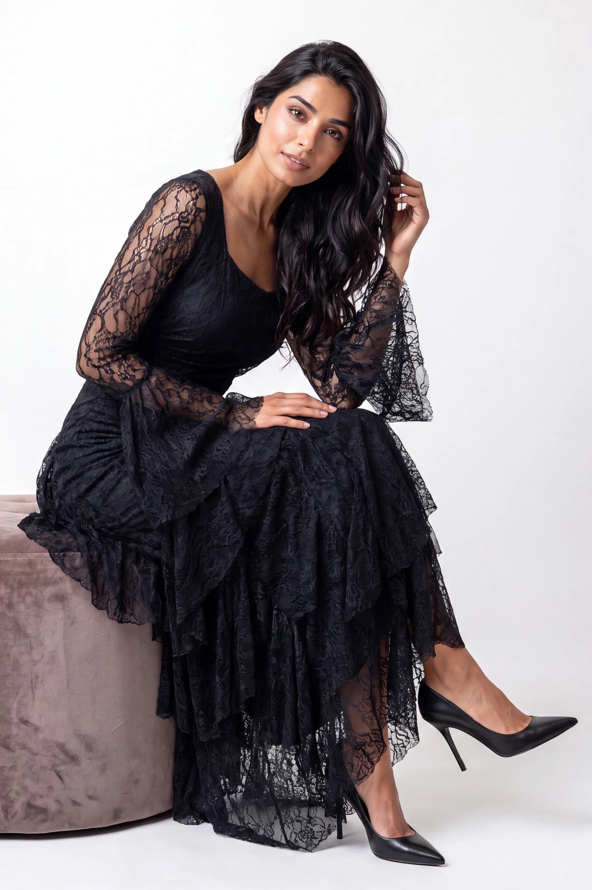 Square Neck Ruffle Detail Dantel Dress