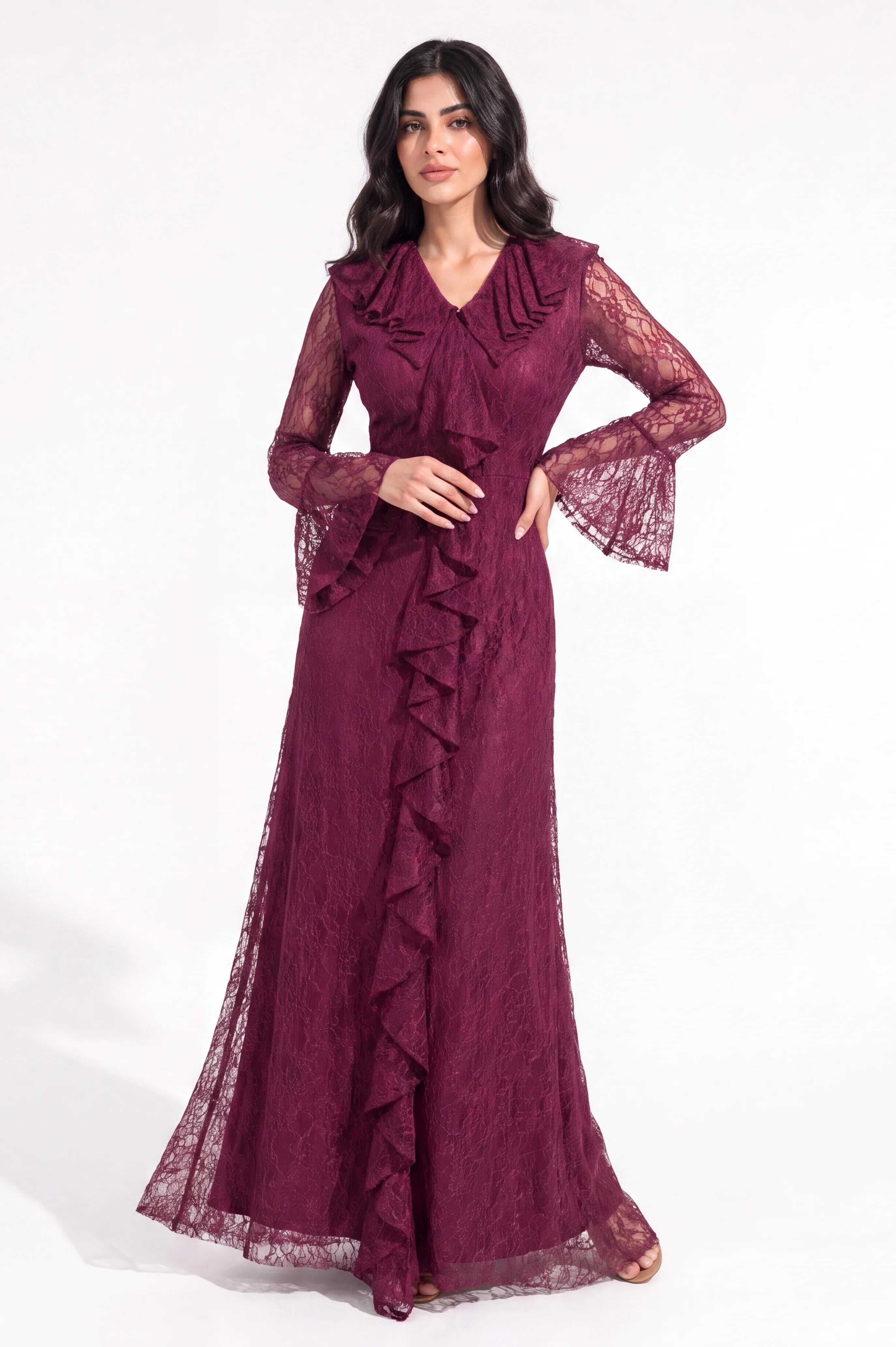 Neck Ruffle Along Dantel Dress