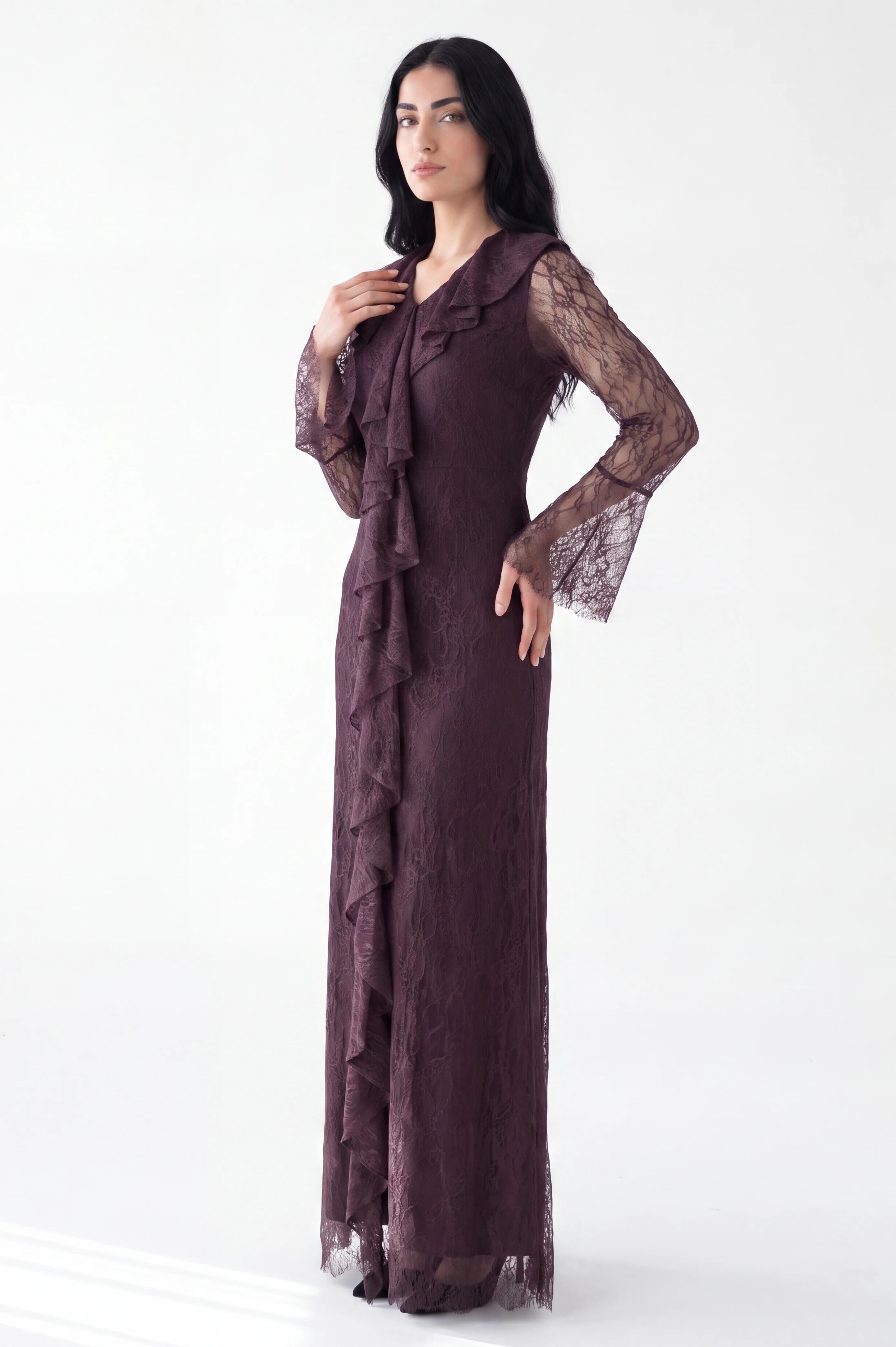 Neck Ruffle Along Dantel Dress