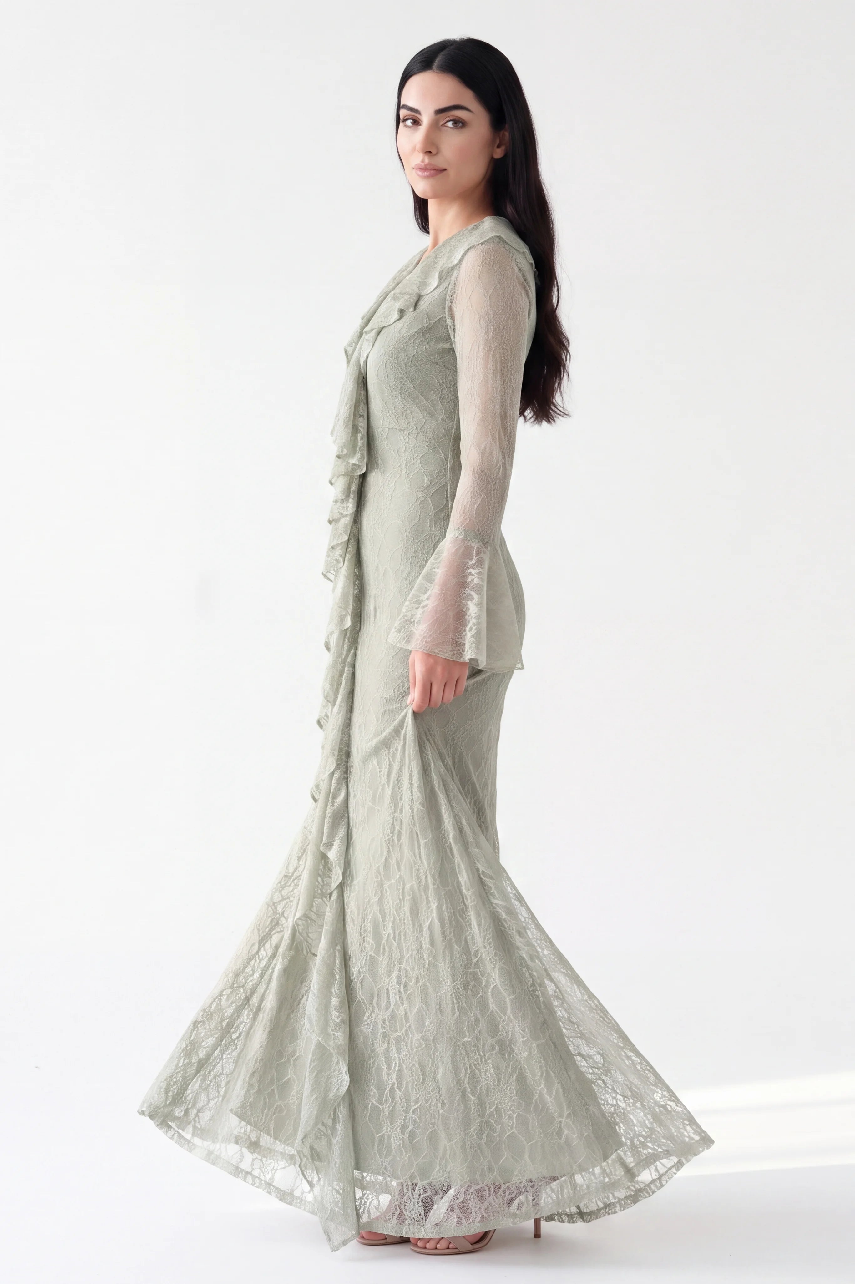 Neck Ruffle Along Dantel Dress
