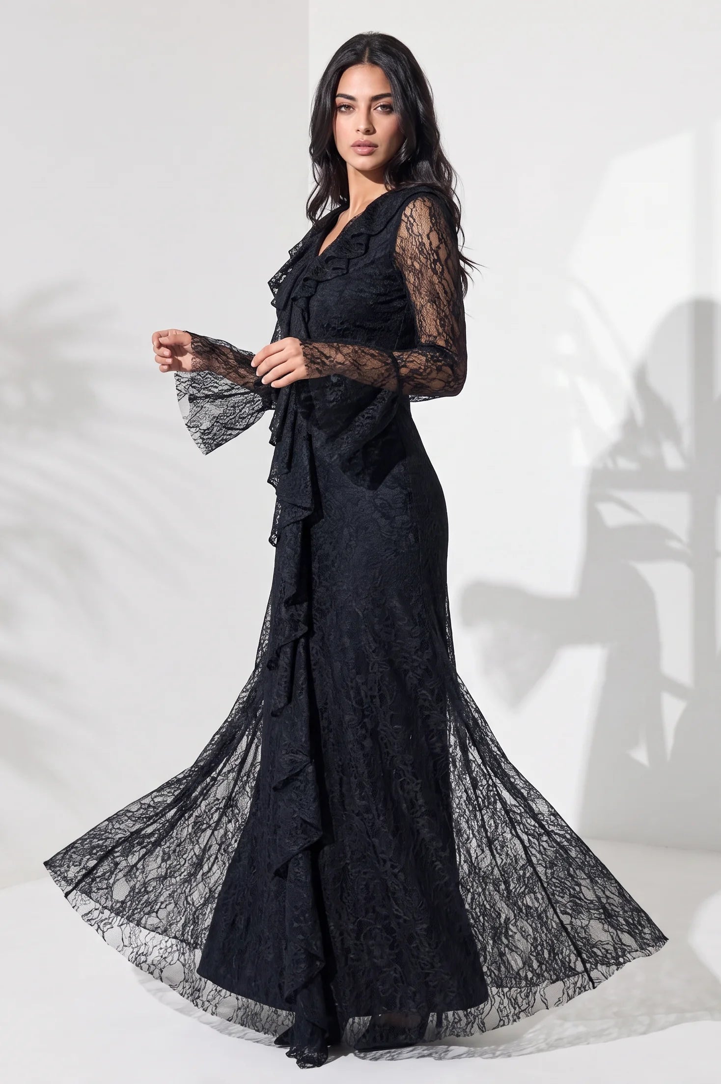 Neck Ruffle Along Dantel Dress