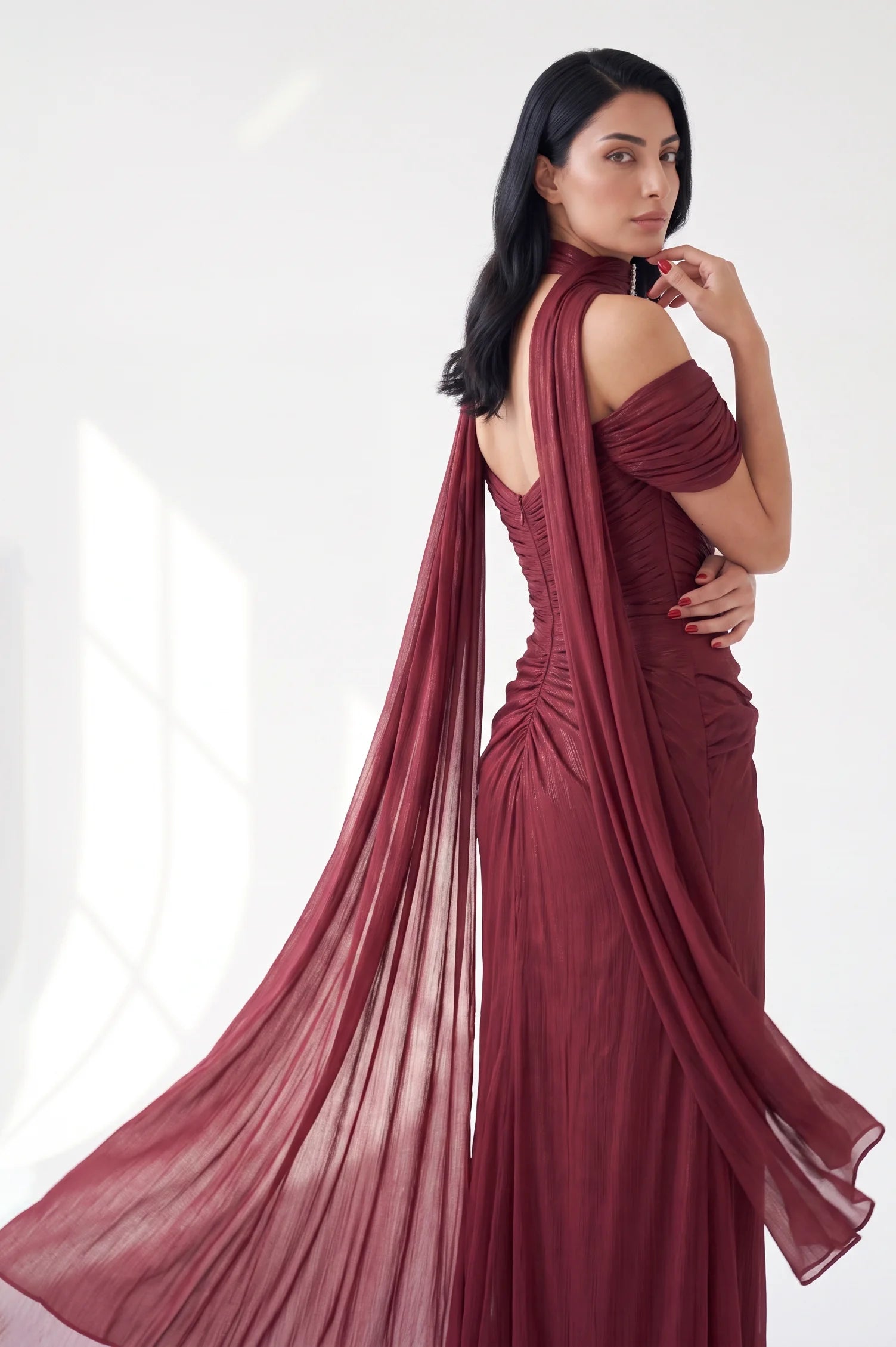 Draped Off Shoulder Gathered Organza Dress
