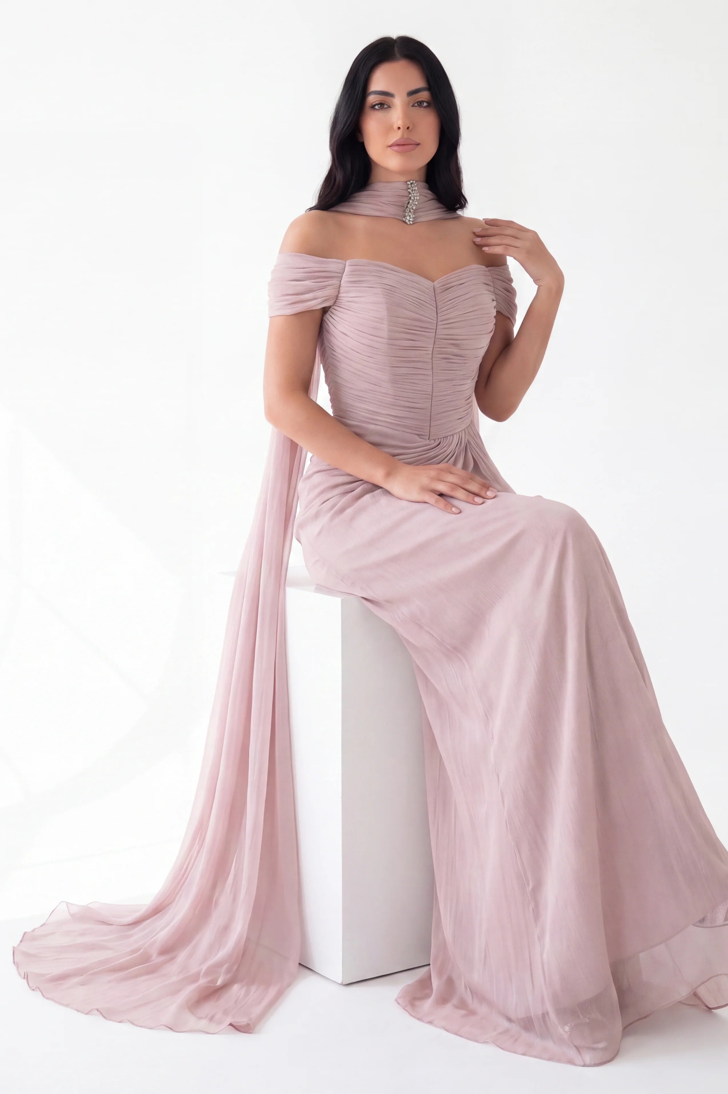 Draped Off Shoulder Gathered Organza Dress