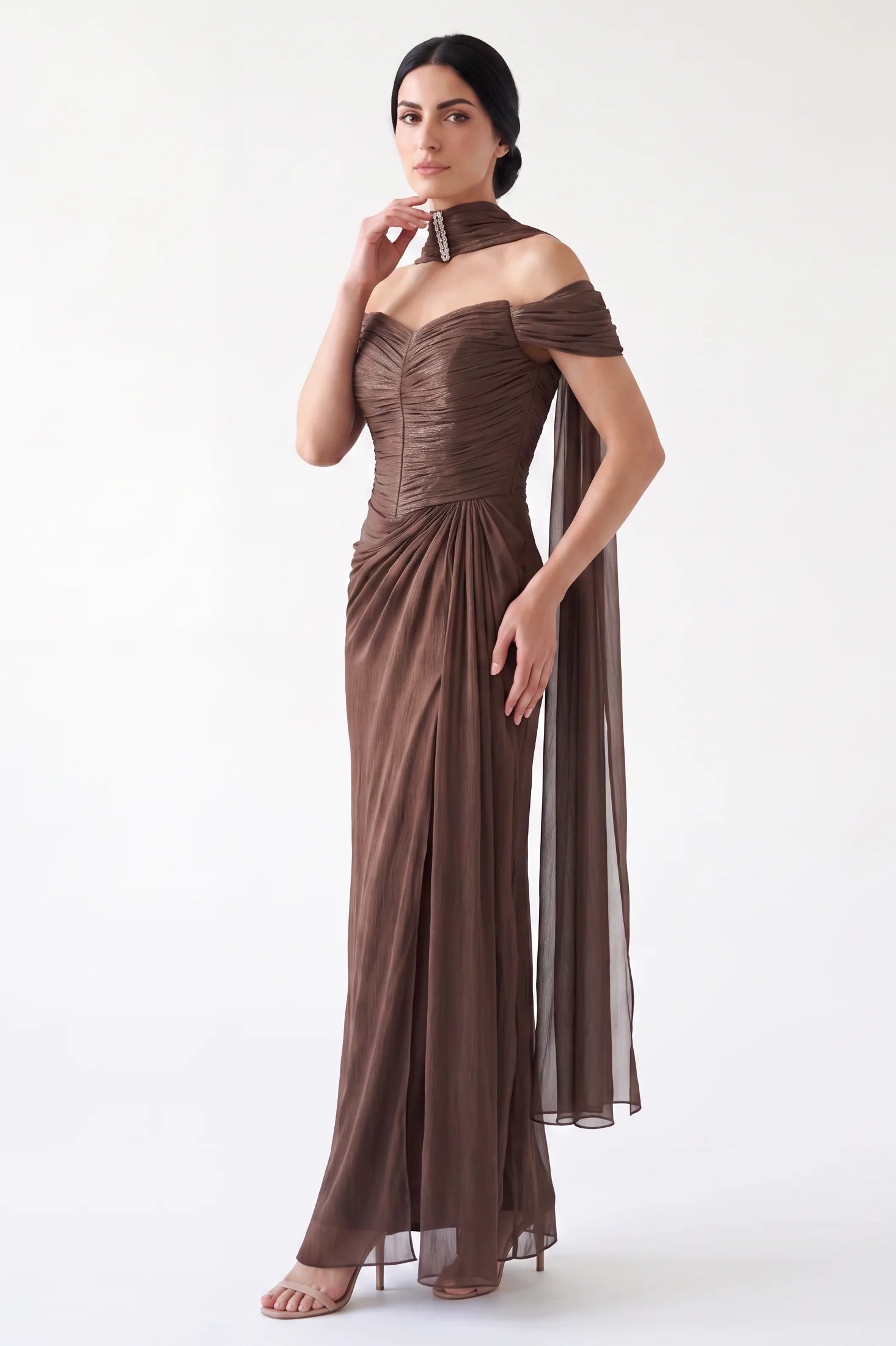 Draped Off Shoulder Gathered Organza Dress