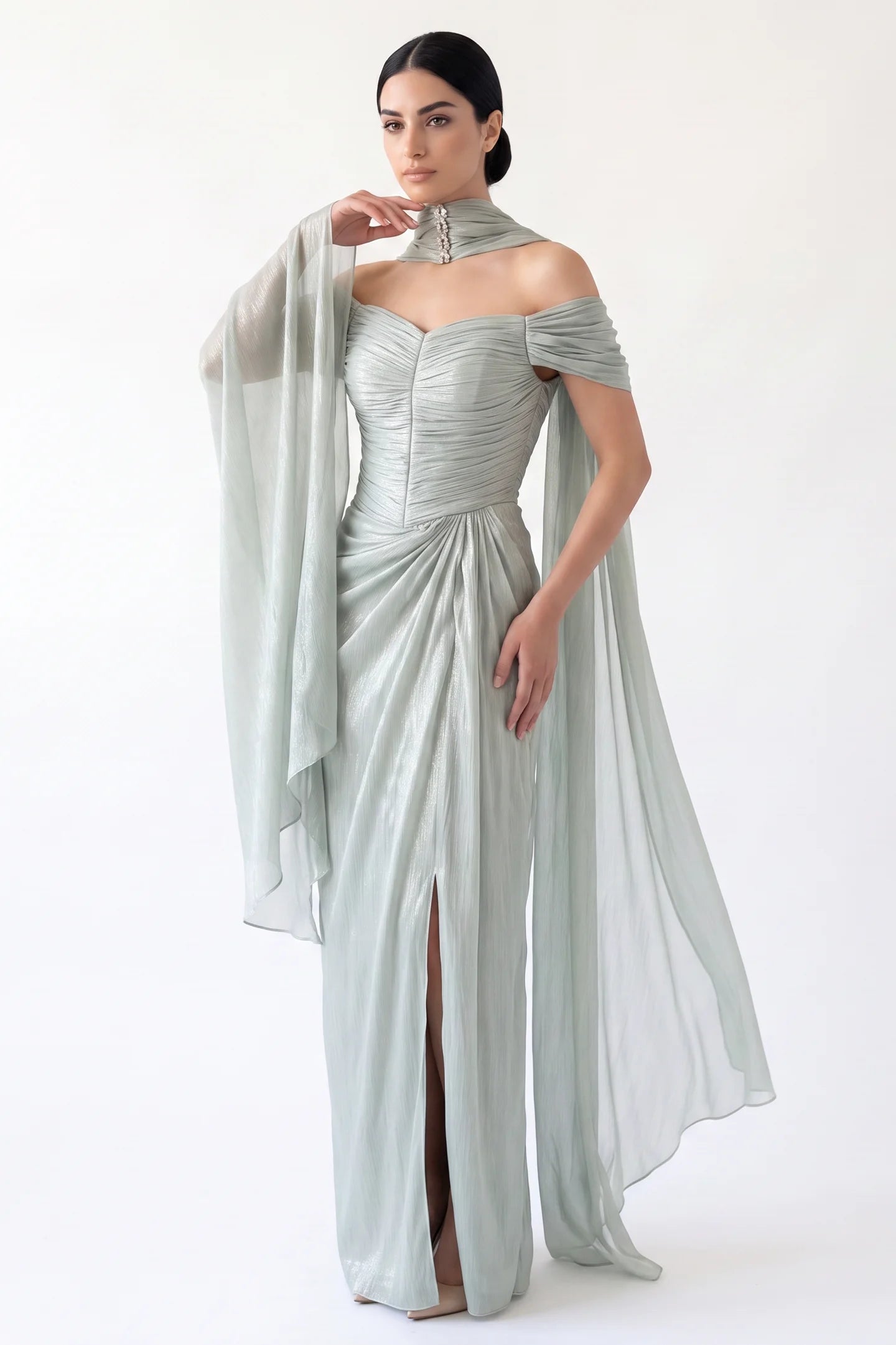 Draped Off Shoulder Gathered Organza Dress