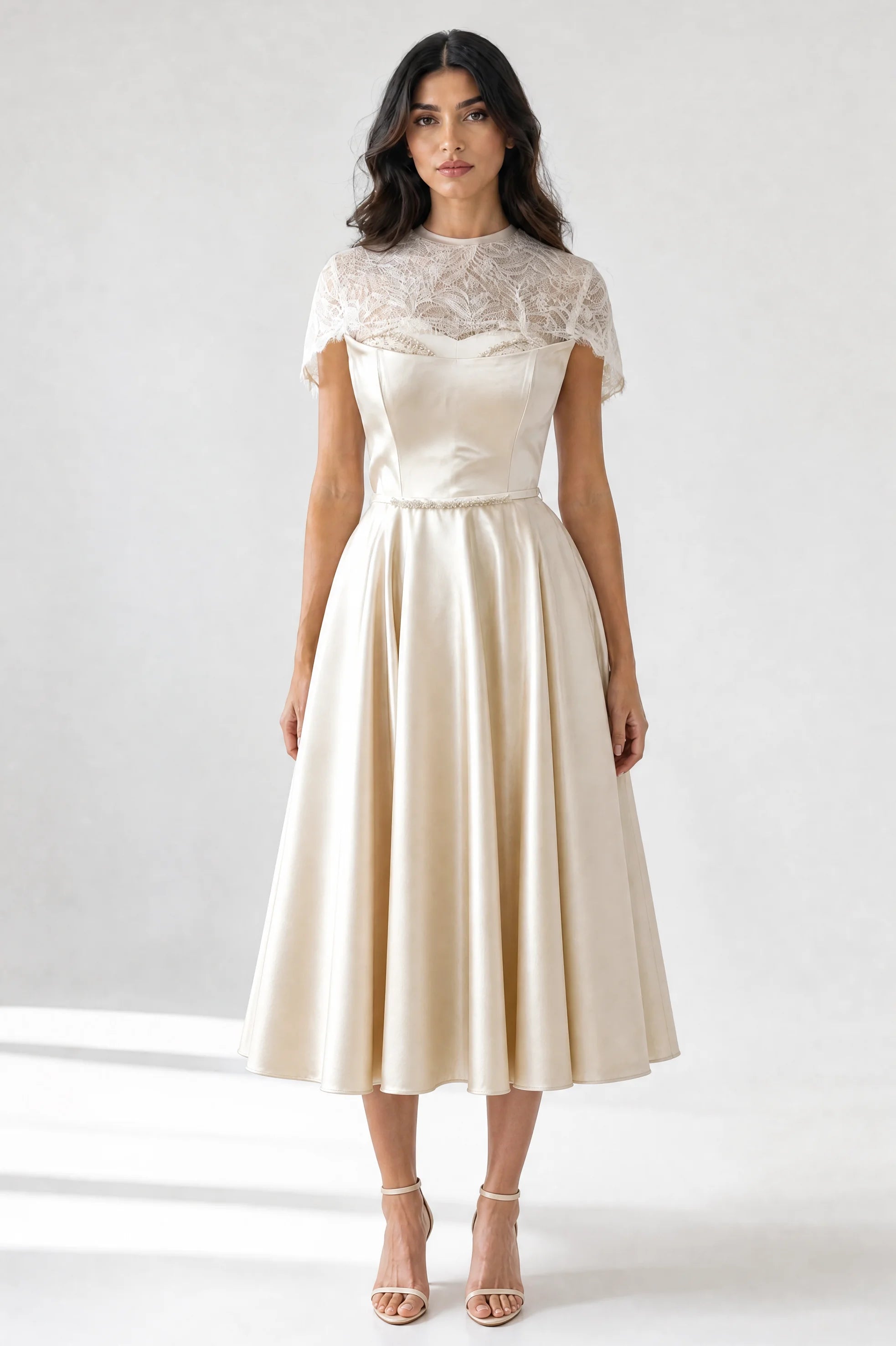 Beaded Sweetheart Lace Cape Sleeve Satin Dress