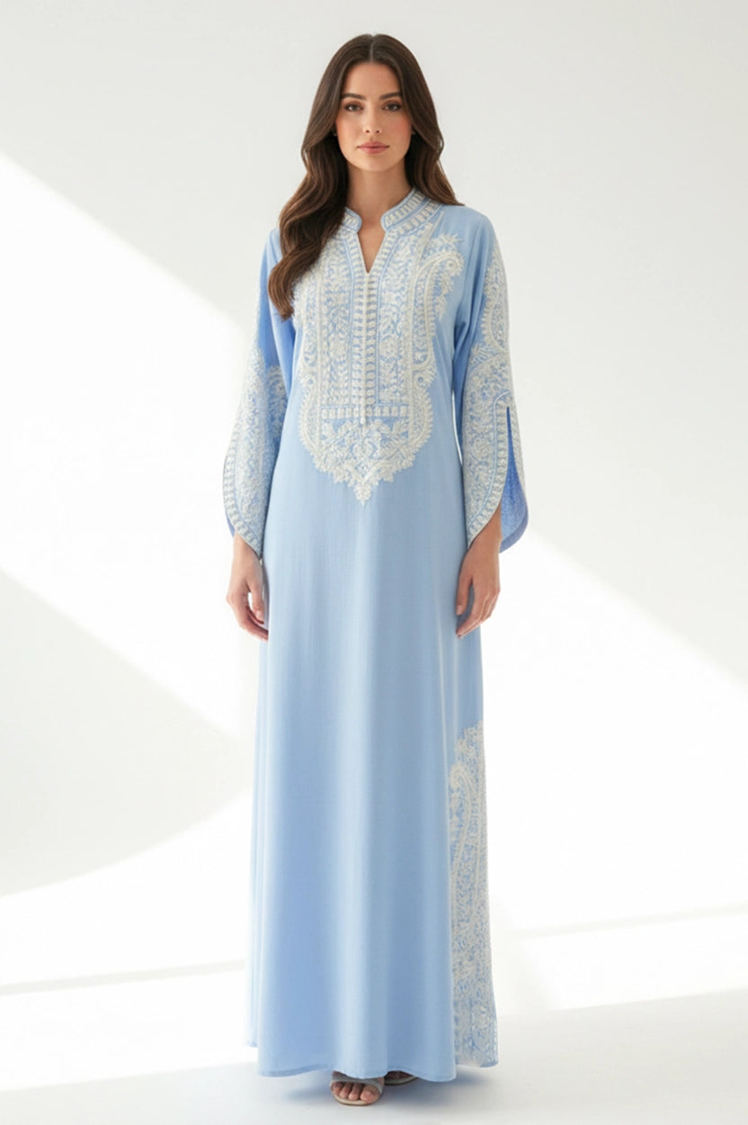 Half Neck Cutout Sleeves Embroidered Jalabiya